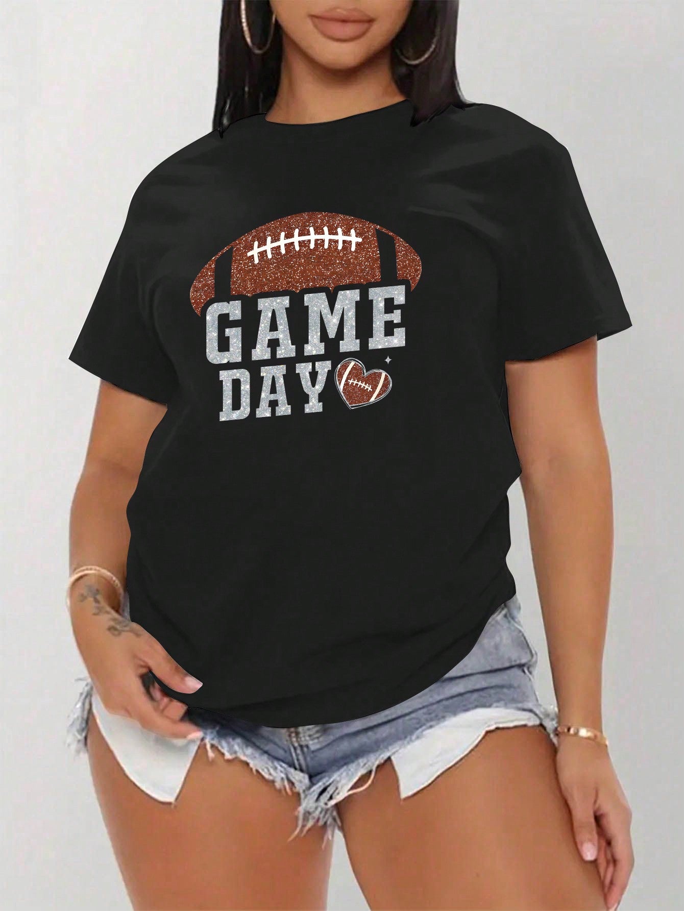 Women's Casual Football Game Day Graphic Print Round Neck T-Shirt