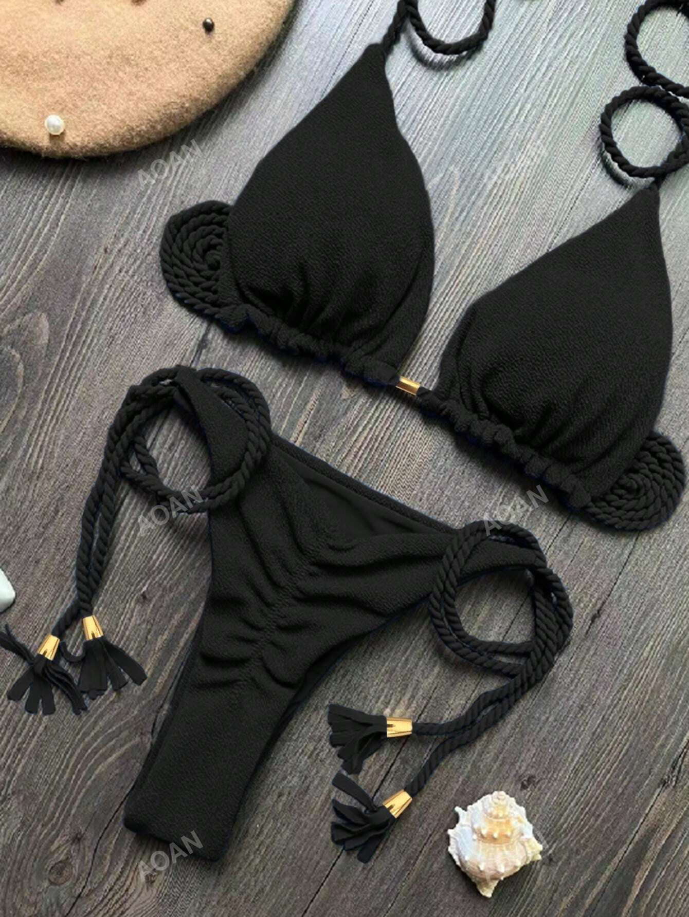 New Arrival Rope Fringe Halter Neck Backless Bikini Set, Stylish Women's Swimwear For Summer Beach With Ties