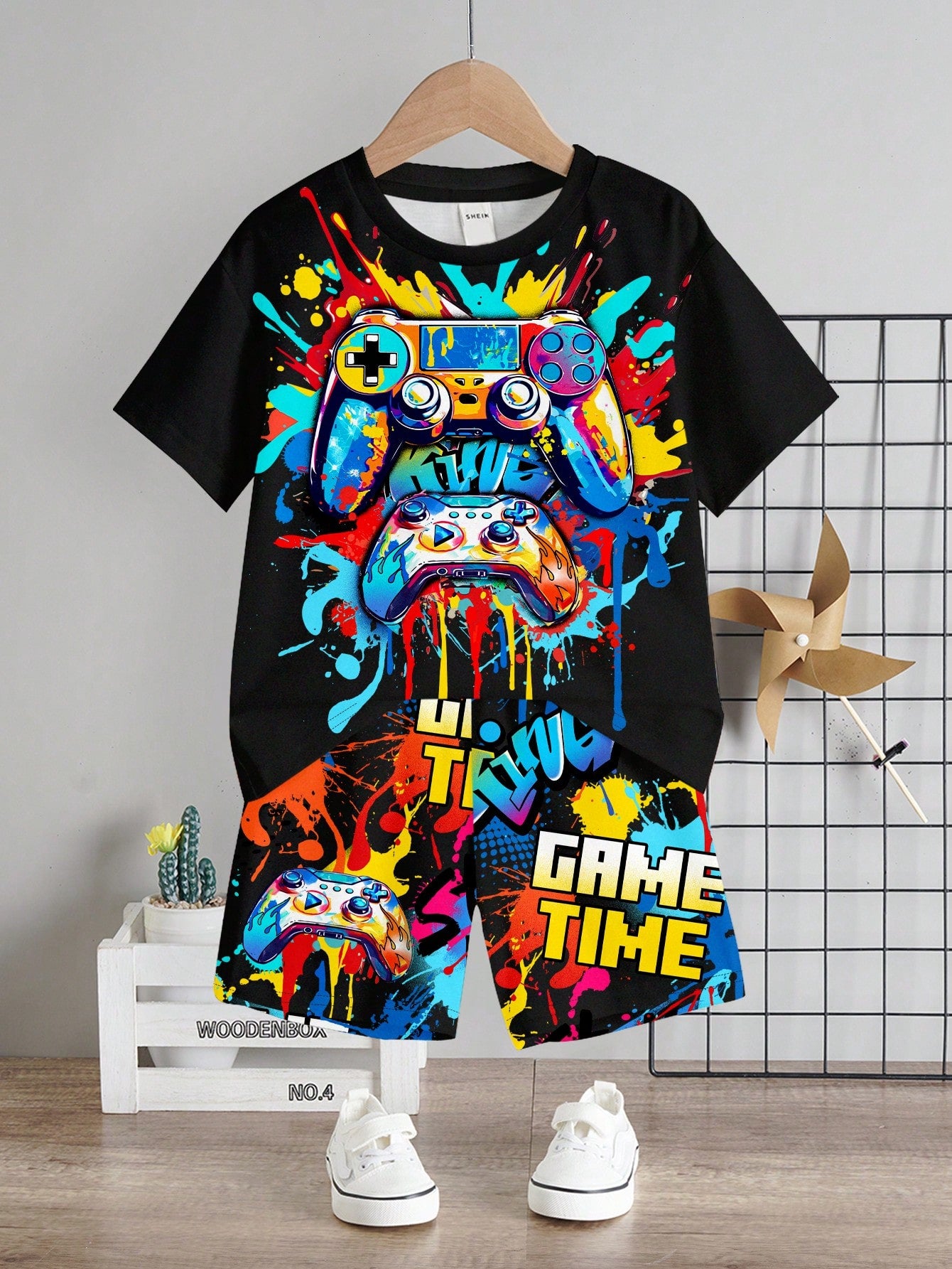 Game Console Graphic Short Sleeve T-Shirt And Shorts Set, Suitable For Young Boys' Casual Summer Outfits