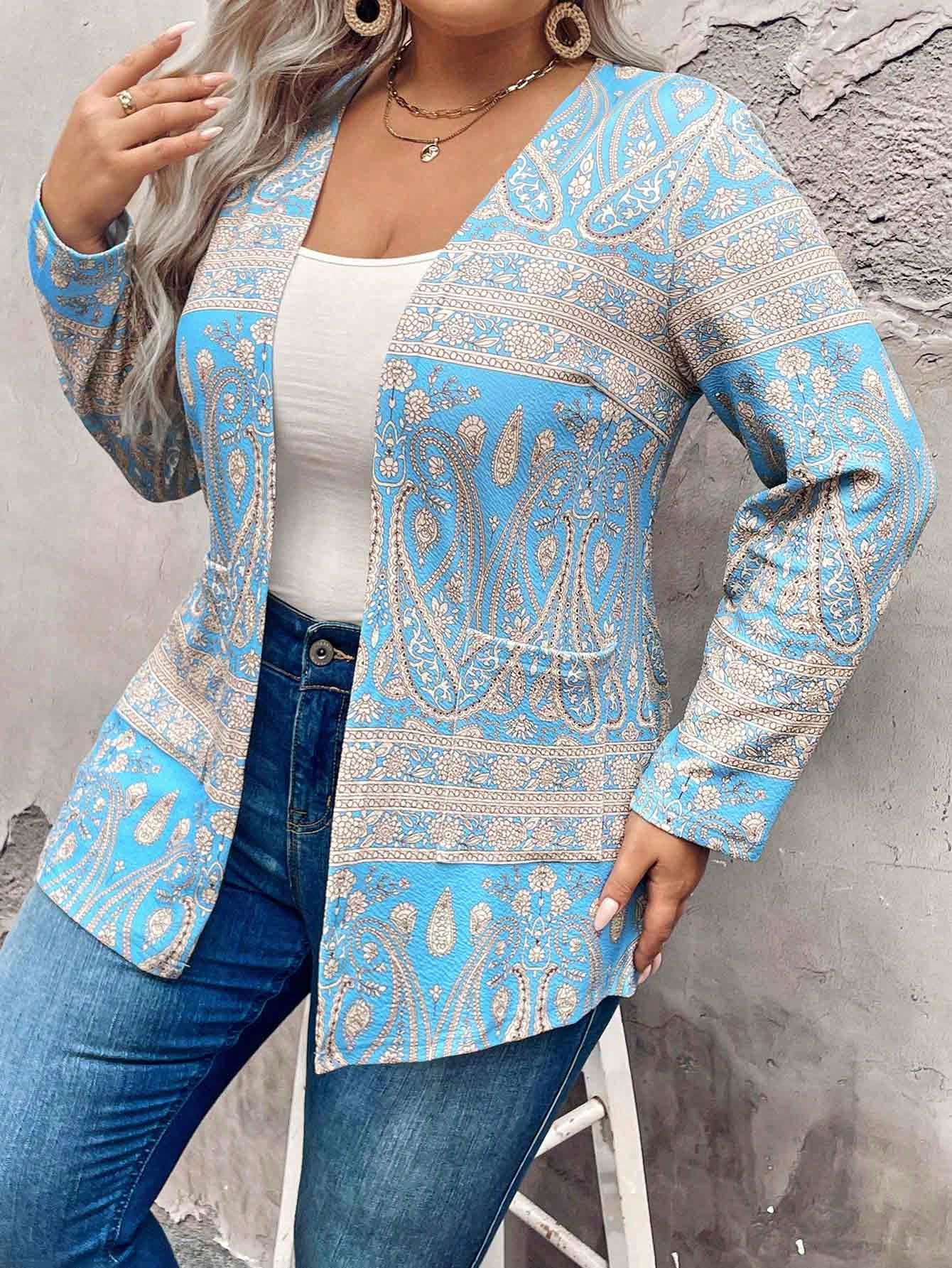 Plus Size Paisley Printed Open Front Casual Jacket