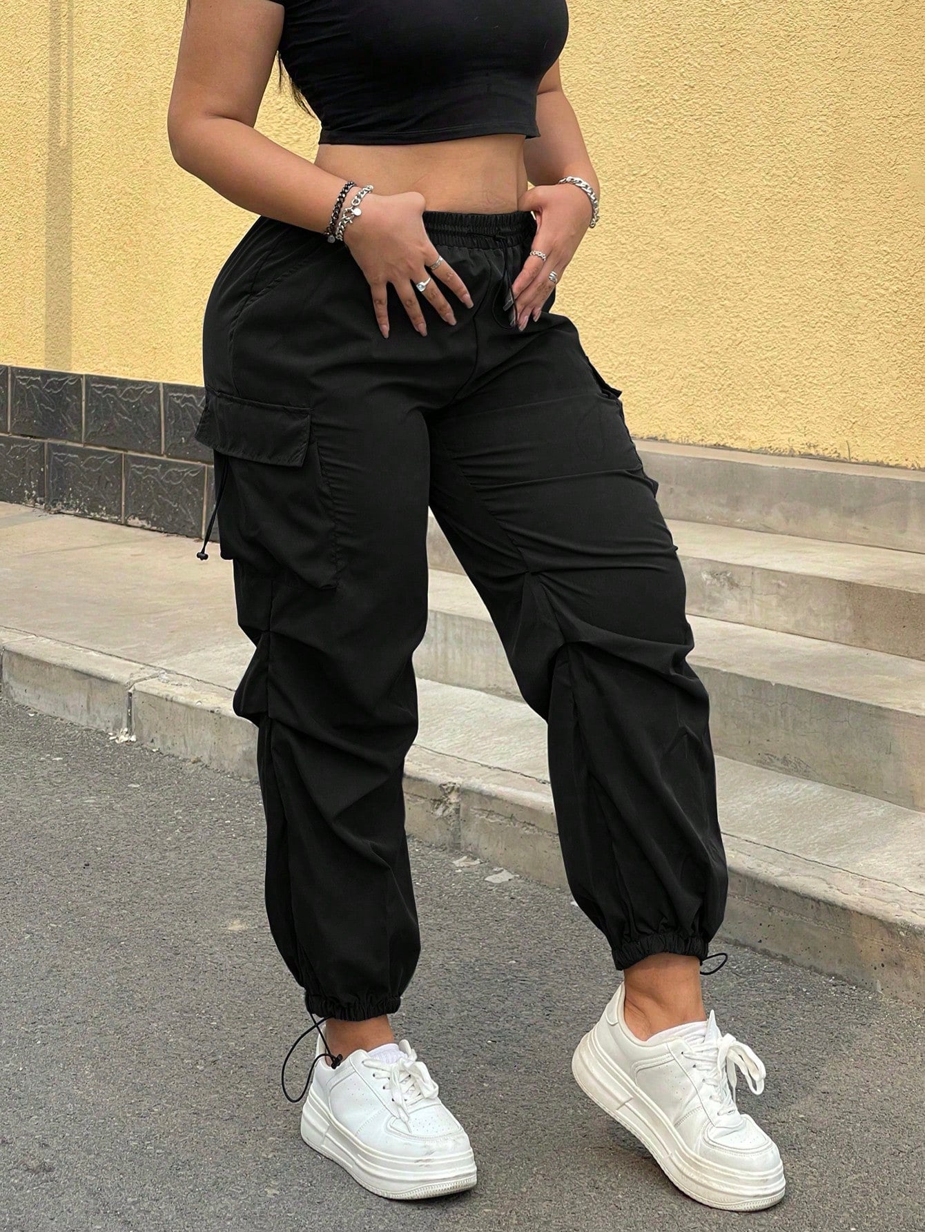 Plus Size Casual Solid Color Multi-Pocket Drawstring Cargo Pants