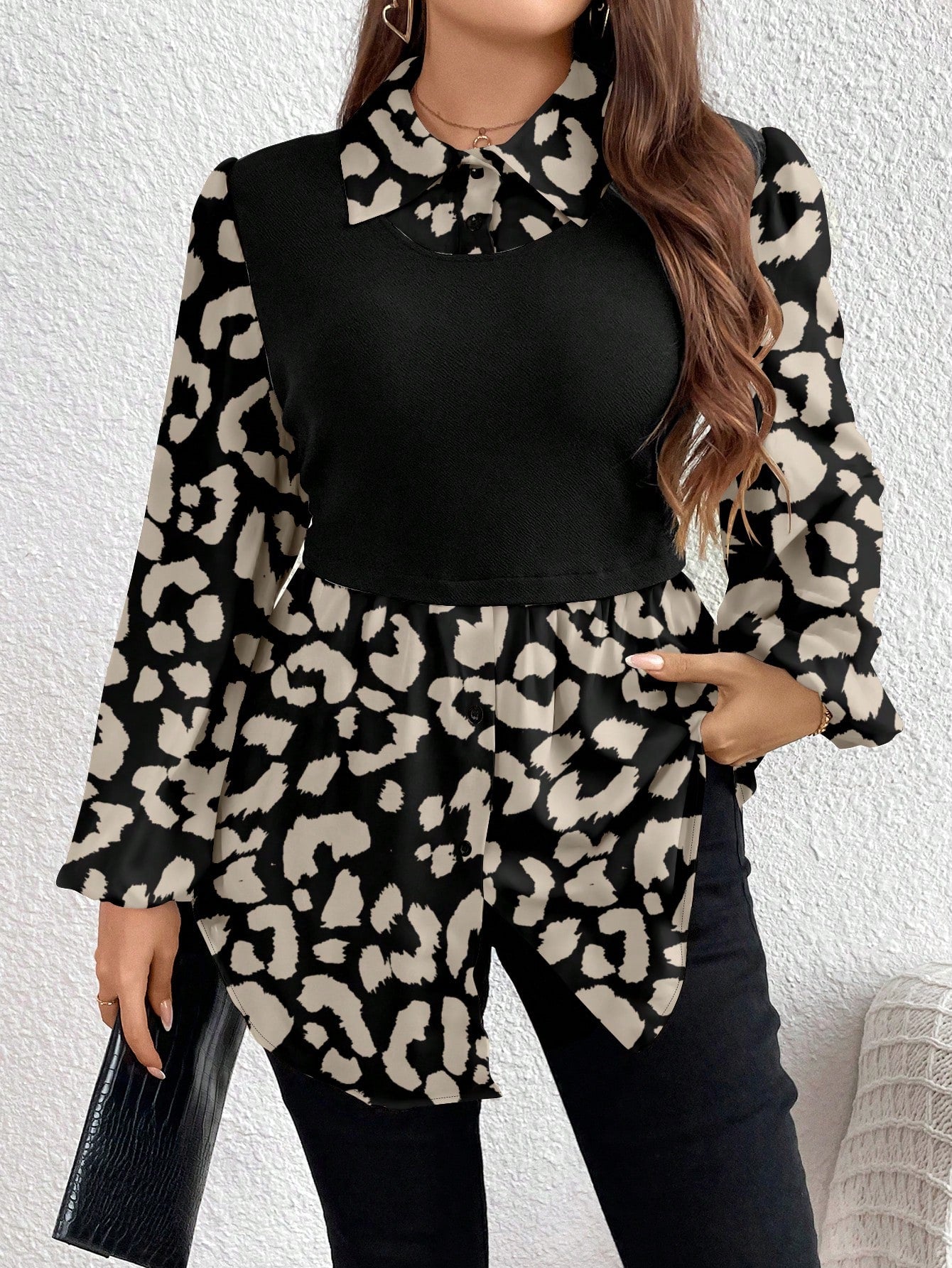 Plus Size Women's Leopard Print Long Sleeve Shirt Collared Top Fall Women Clothes