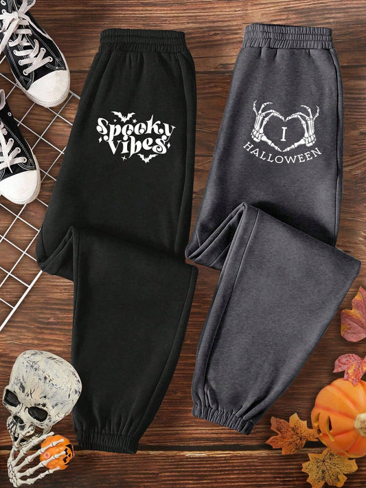 2pcs Plus Size Women Casual Halloween Skeleton & Bat Print Sweatpants Set