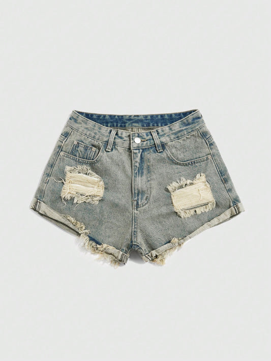 Punk Casual Retro Washed Commuting Versatile Distressed High Waist Button Fly Frayed Rolled Hem Plus Size Denim Shorts