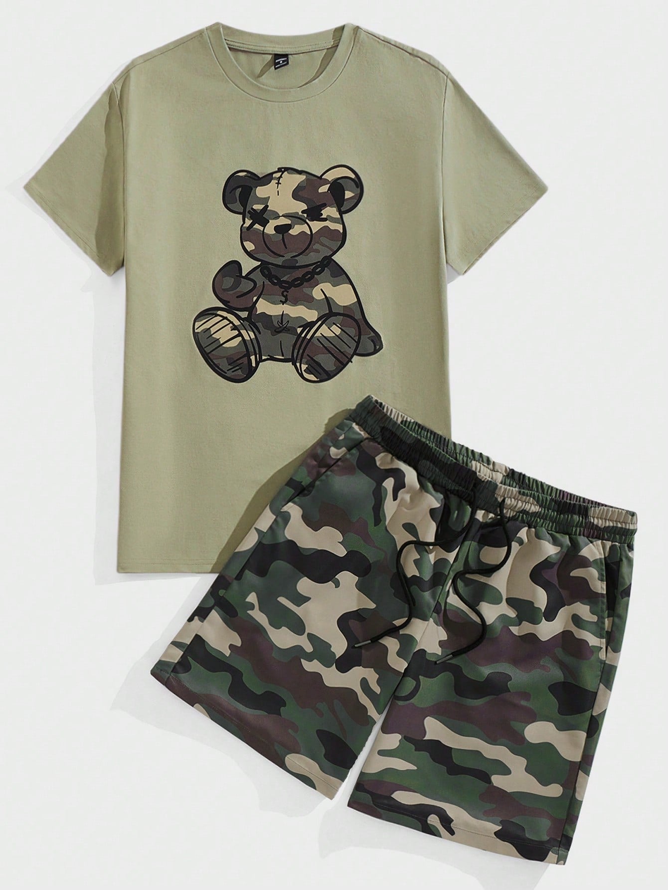 Men's Camouflage Bear Printed Short Sleeve Anime T-Shirt And Shorts Set