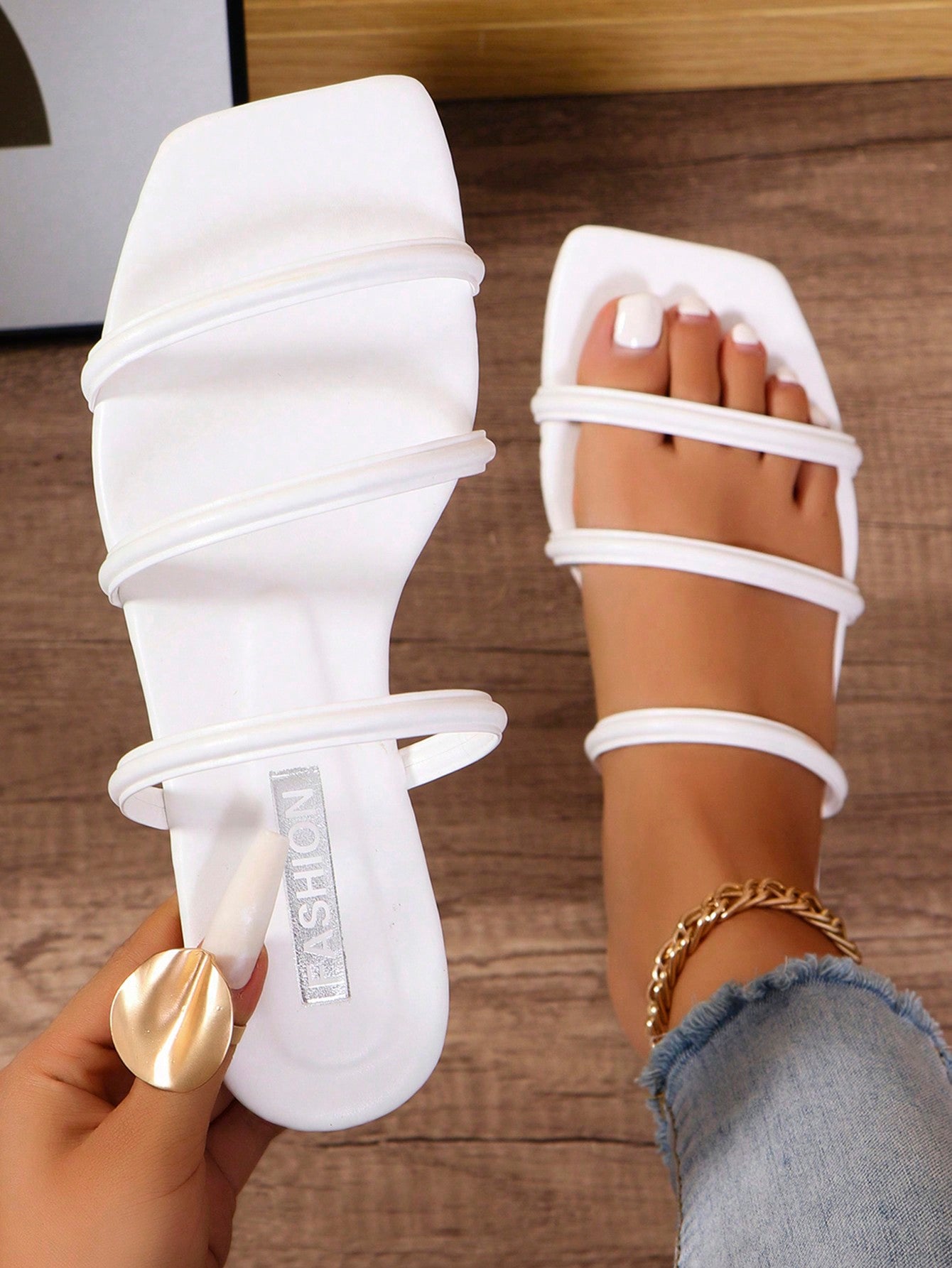 New Arrival Spring/Summer Minimalist Striped Flat Slides Sandals For Women, Pink, Plus Size