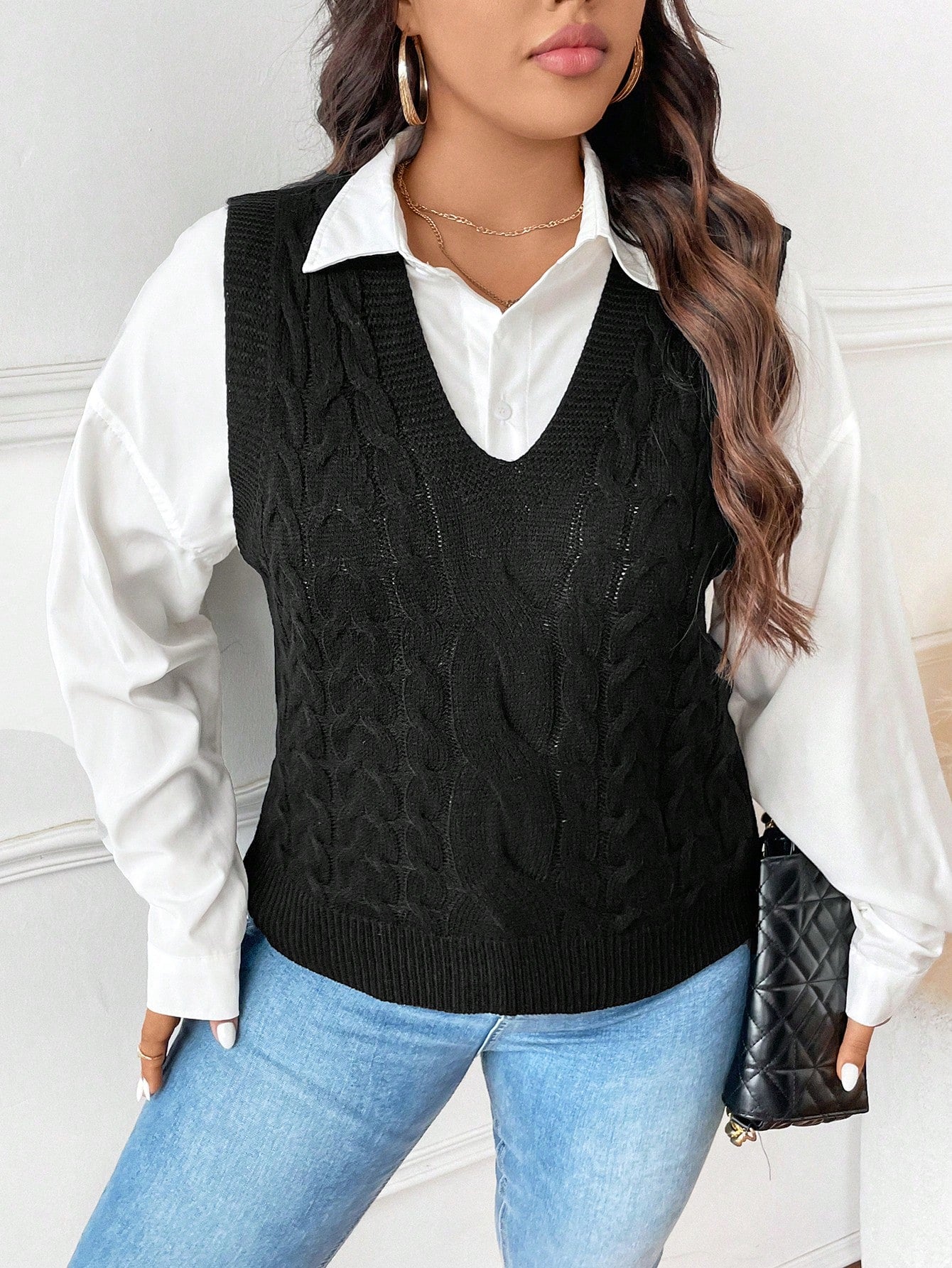 Plus Size Women V-Neck Solid Color Casual Sweater Vest For Fall/Winter