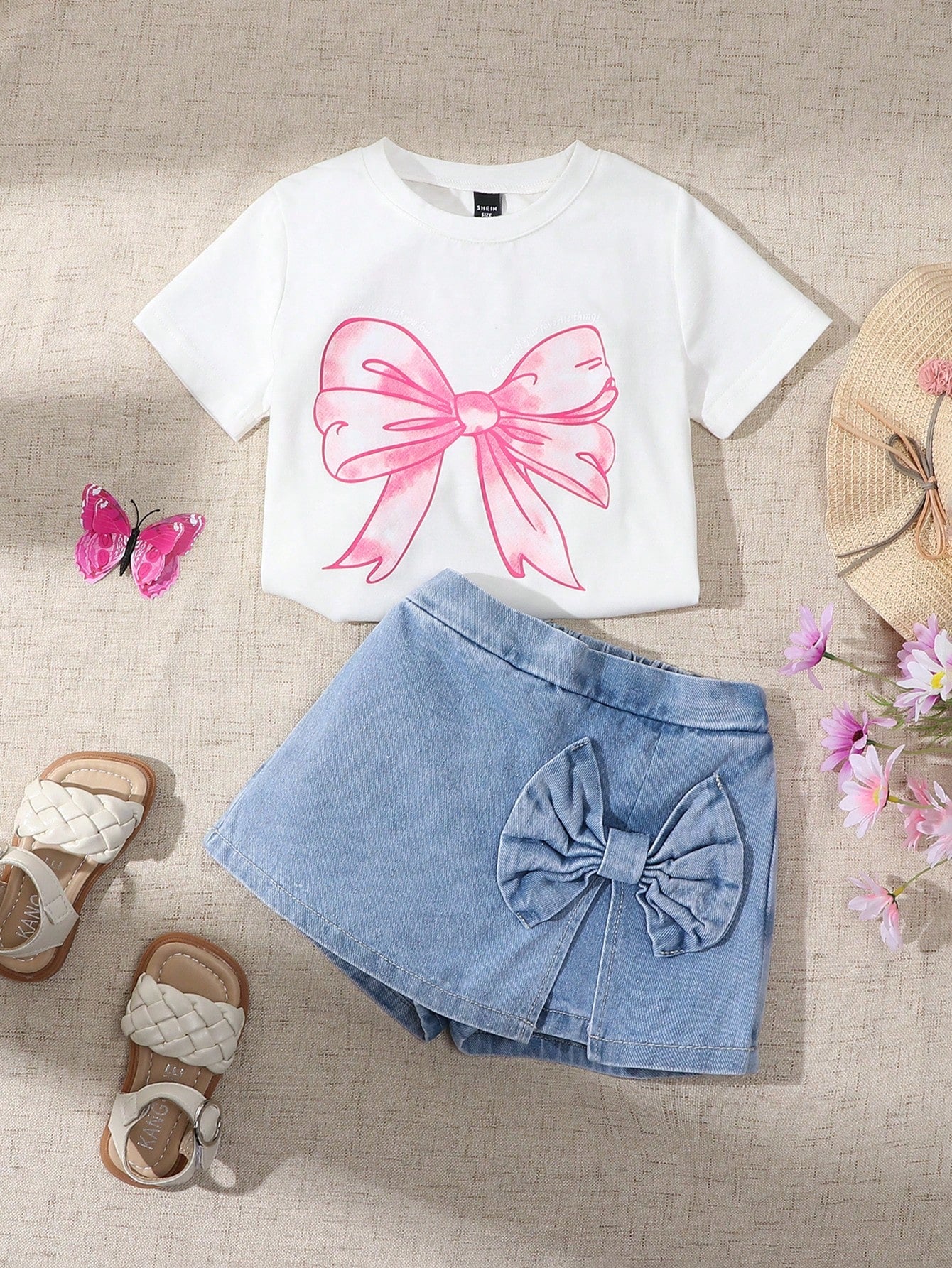 Young Girl Lovely Sweet Style Pink T-Shirt With Bowknot & Black Loose Comfortable Soft Top, Plus 2 In 1 Denim Skirt With Pink Bowknot, Heavy Washed, 2pcs/Set