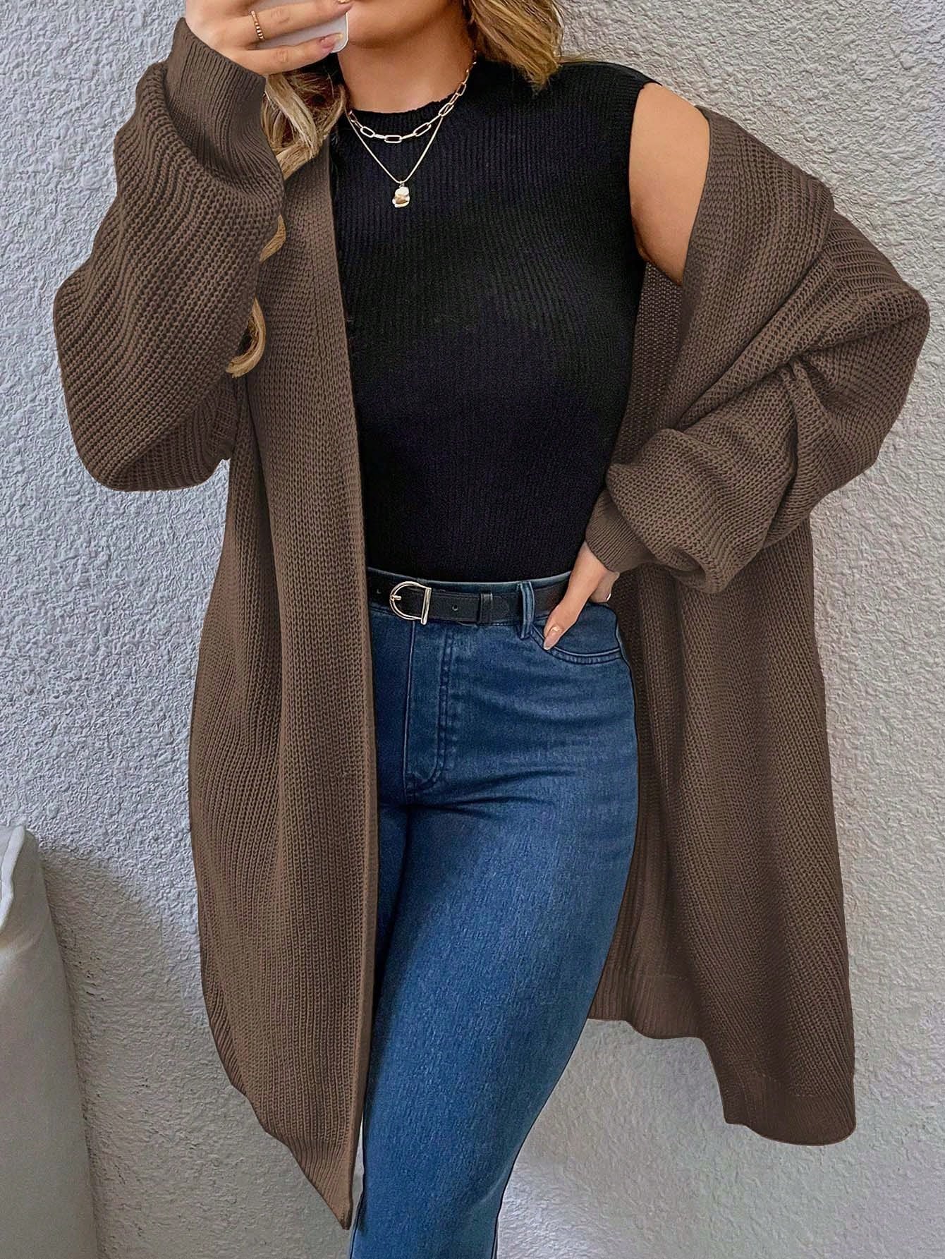 Plus Drop Shoulder Open Front Cardigan