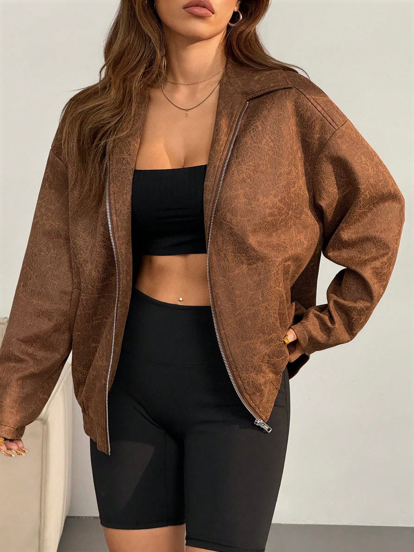 X Virginia & ZeFelipe Casual And Stylish Zippered Off-Shoulder PU Leather Jacket