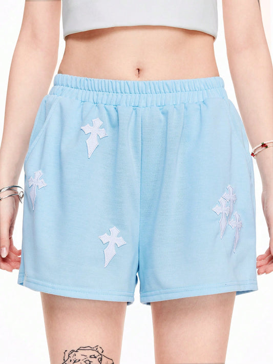 Casual & Cute Elastic Waist Cross Patch Solid Color Ladies' Shorts For Daily Wear And Work Commute