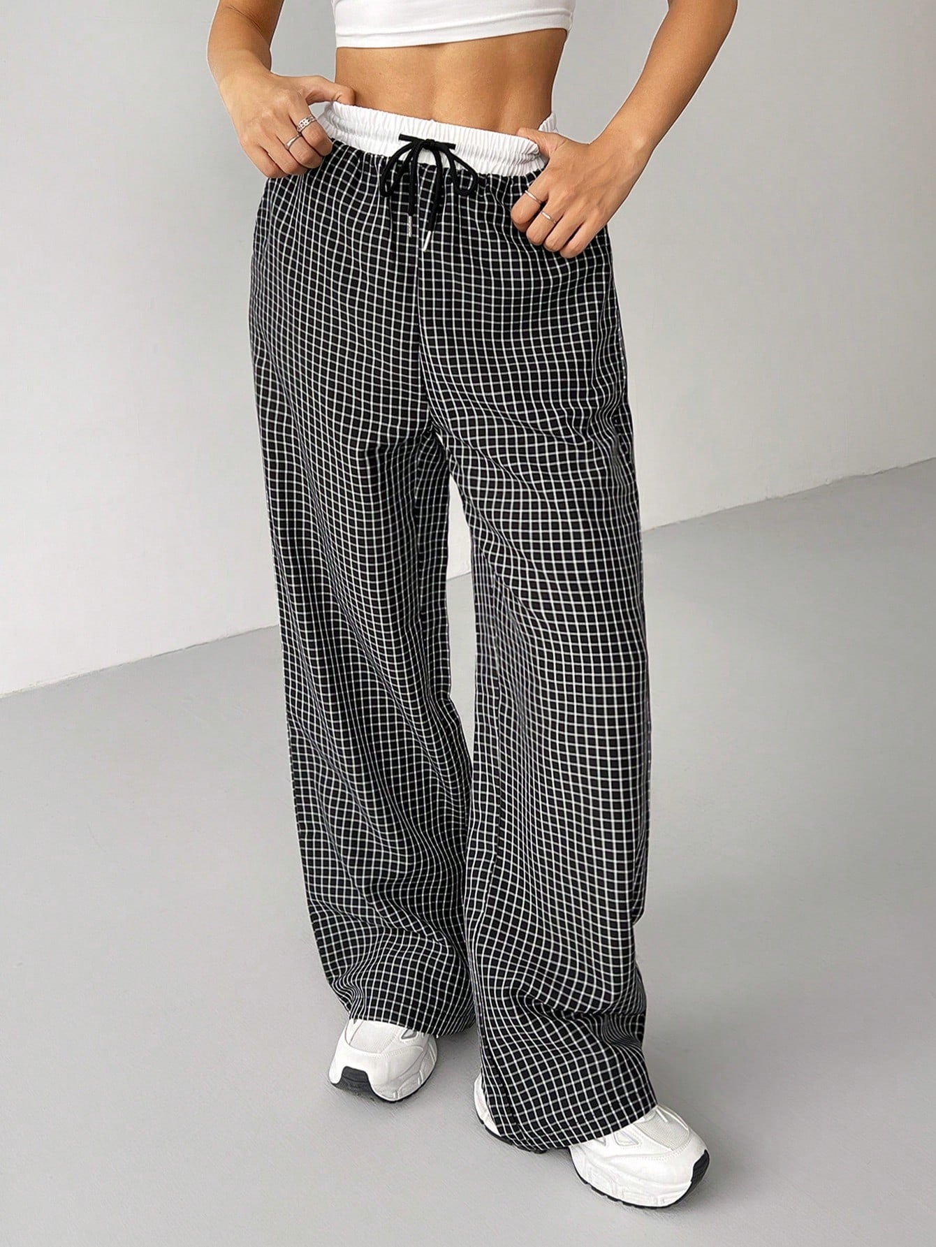 Cotton Loose Straight Drawstring Waist Slant Pocket Pants