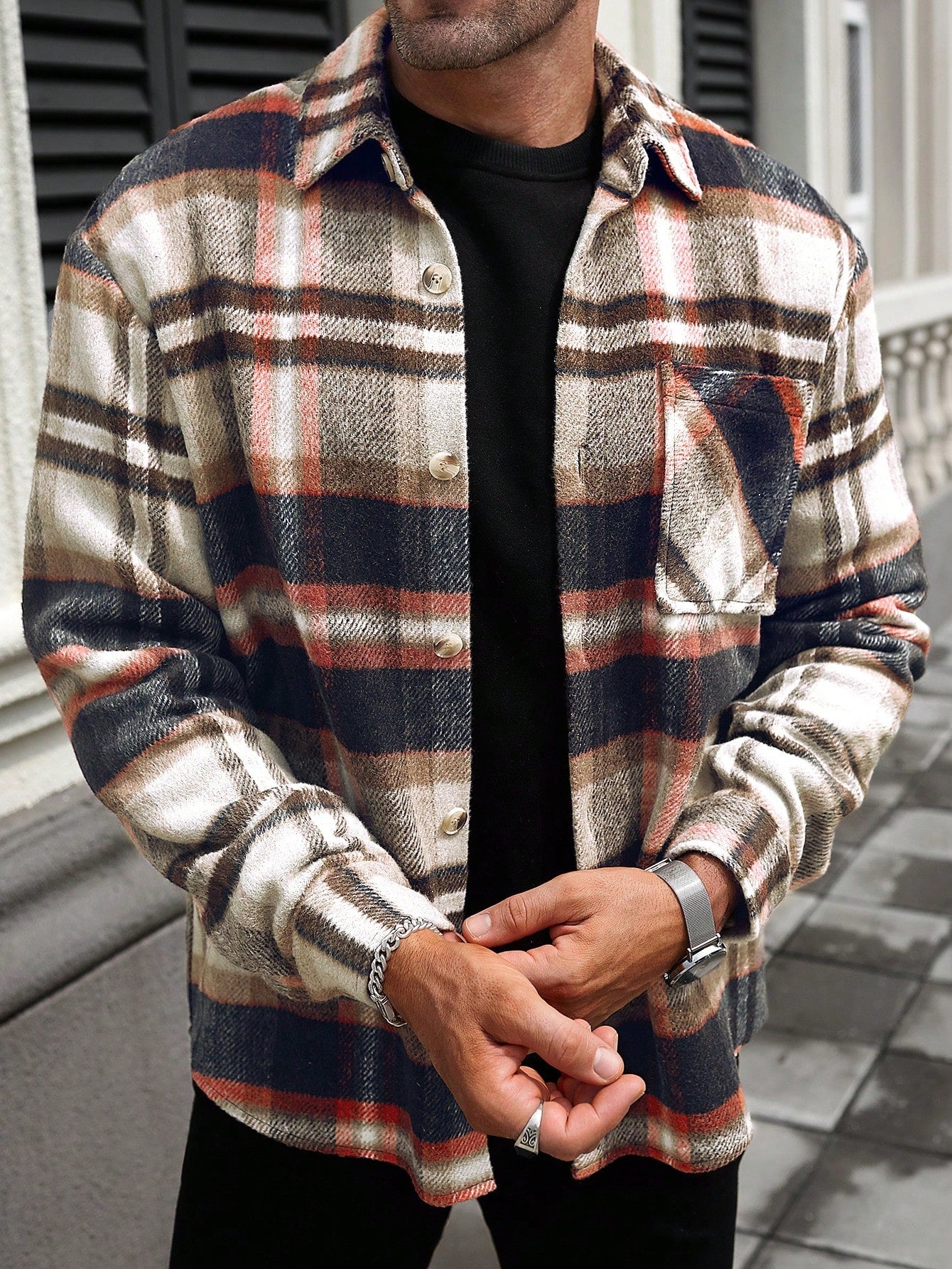 Men Plaid Print Pocket Patched Shacket