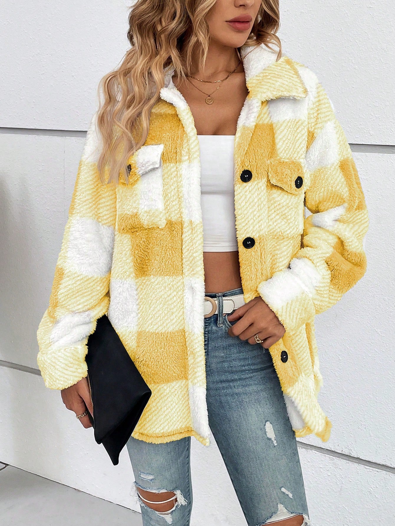 Women's Plaid Soft Fur Regular Fit Coat