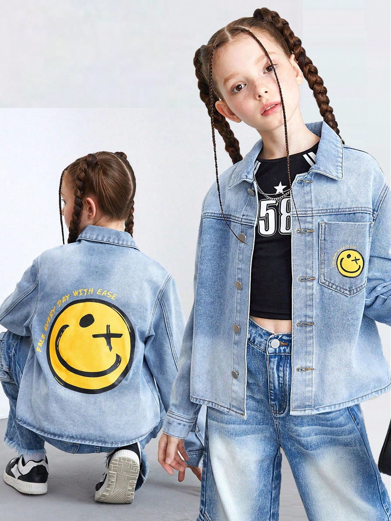 Teenage Girls' Fashionable Casual Denim Shirt Jacket With Heart Decoration And Print