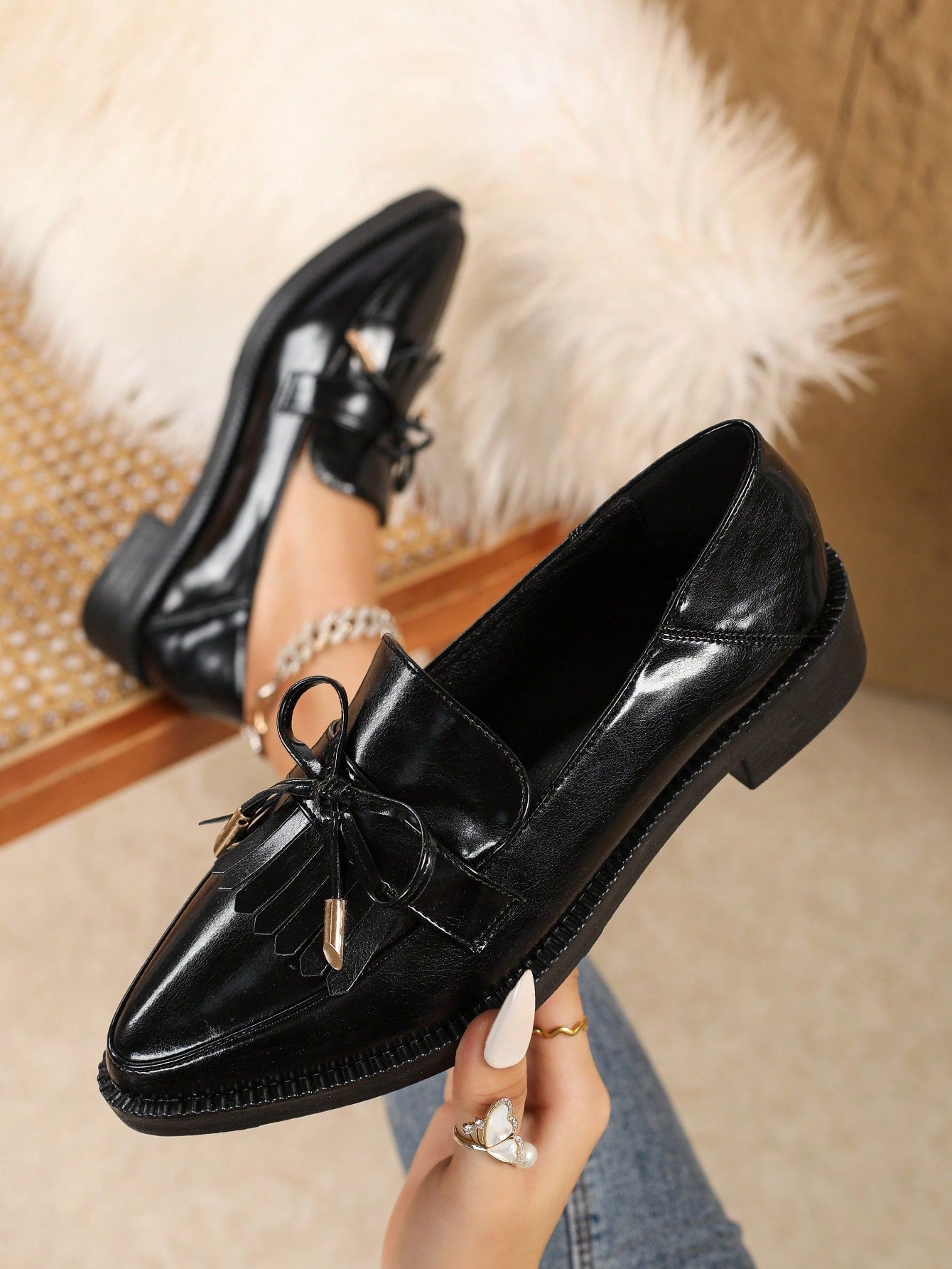 Women's Fringed Black Mary Jane Shoes With Thick Soles, Pointed Toes And Chunky Heels