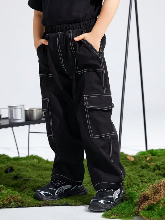 1pc Young Boy Casual Loose-Fit Straight Leg Woven Pants With Clean Solid Colors, Street Style