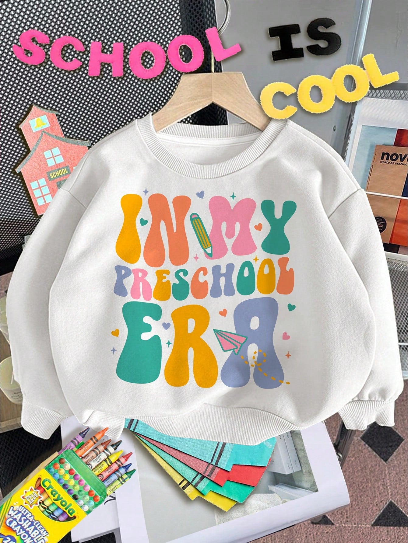 In My Preschool Era, Back-To-School Outfits, Young Girls Casual Letter & Pattern Print Sweatshirts, Comfortable Knitted Long Sleeve Tops Suitable For Autumn/Winter