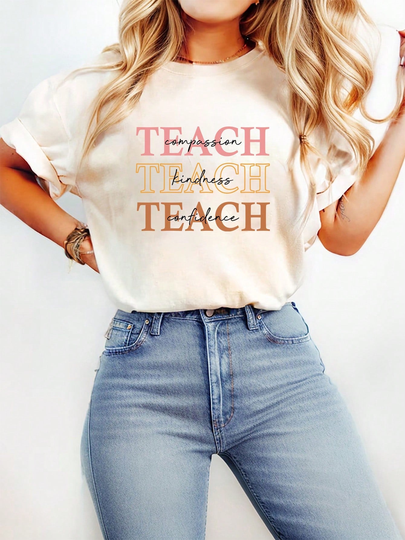 カジュアルミニマリストパターンラウンドネック半袖プラスサイズTシャツ、夏に最適、女性用 TEACHER TEACHER TEACHER TEACHER TEACHER