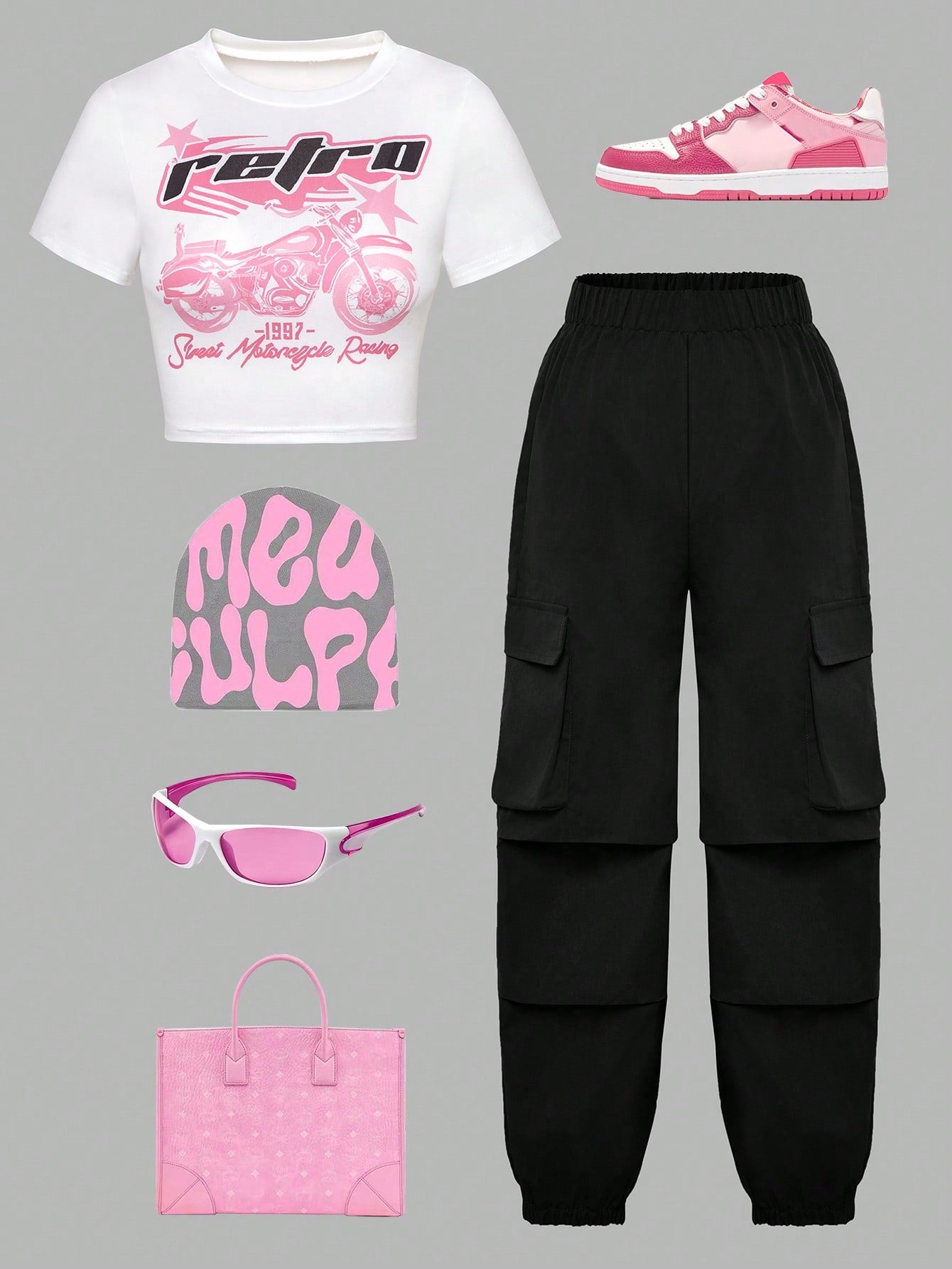 Tween Girl Spring/Summer Casual Motorcycle Letter Print Short Sleeve Top And Solid Color Cargo Pants Set