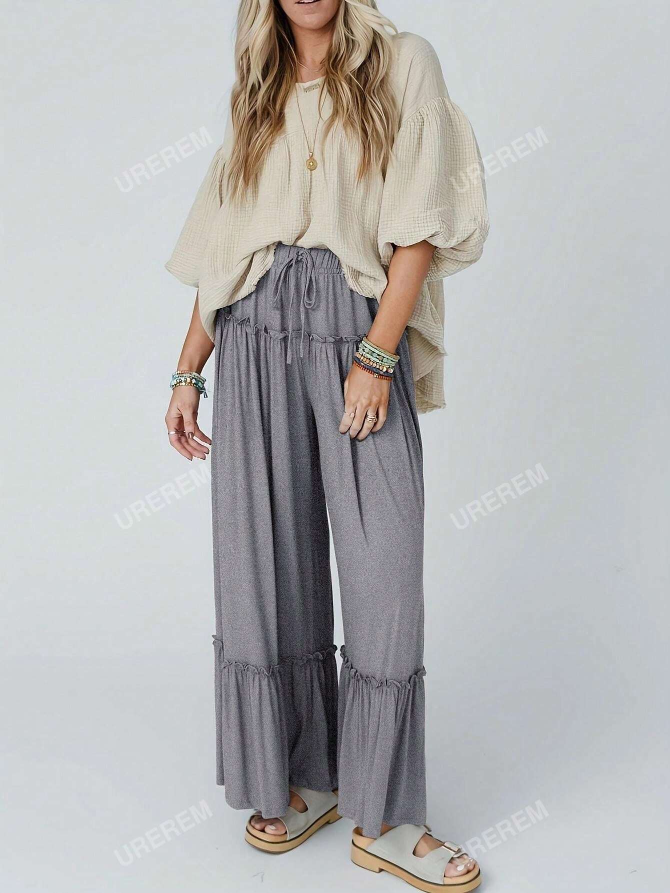 Women's High Waisted Wide Leg Pants With Stretch, Loose Fit Flared Trousers, Solid Color Casual Yoga Jogging Pants With Ruffle Hem