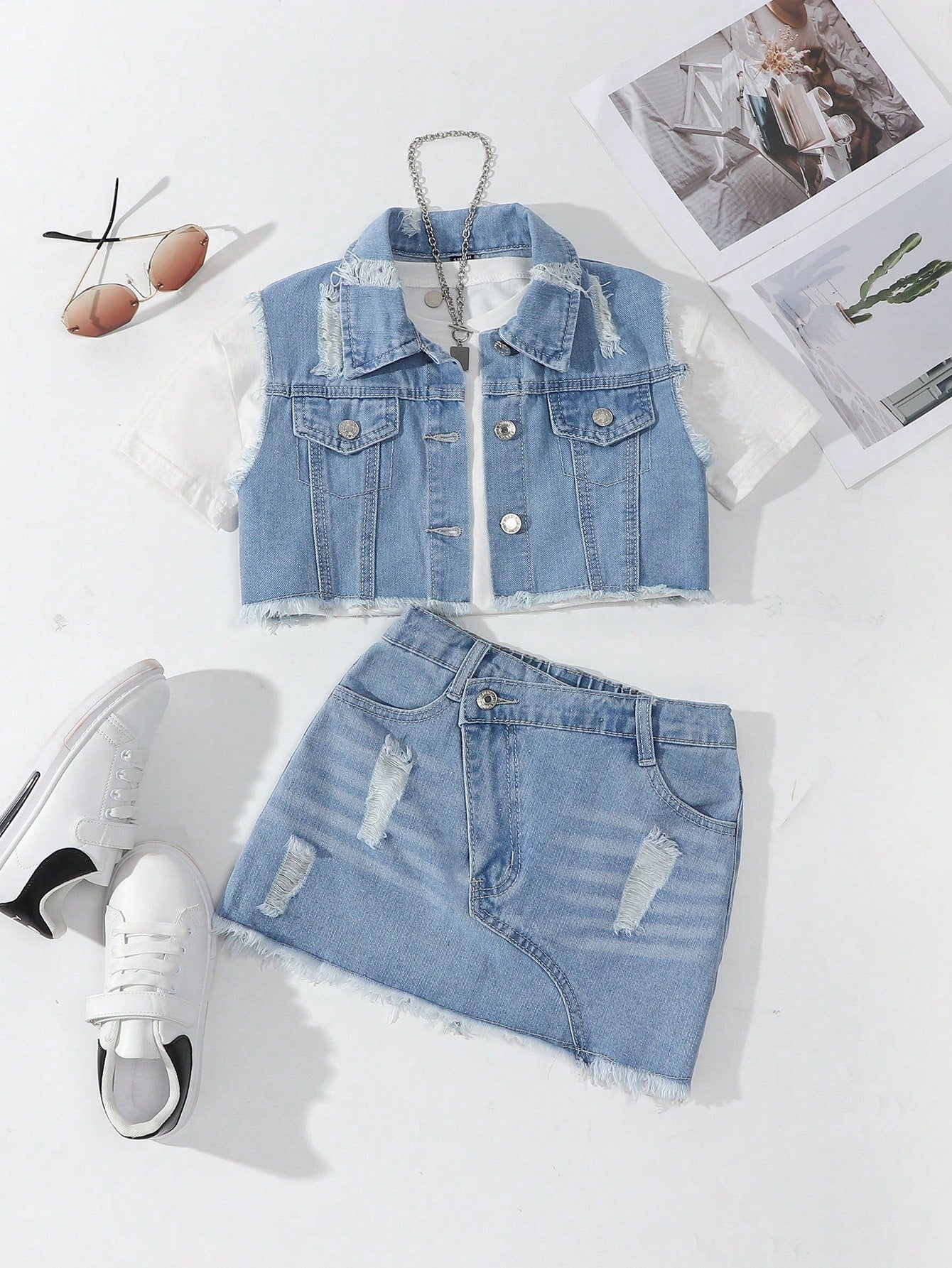 Streecool Kids Tween Girls Summer Casual Distressed Denim Vest And Asymmetrical Hem Denim Skirt Set