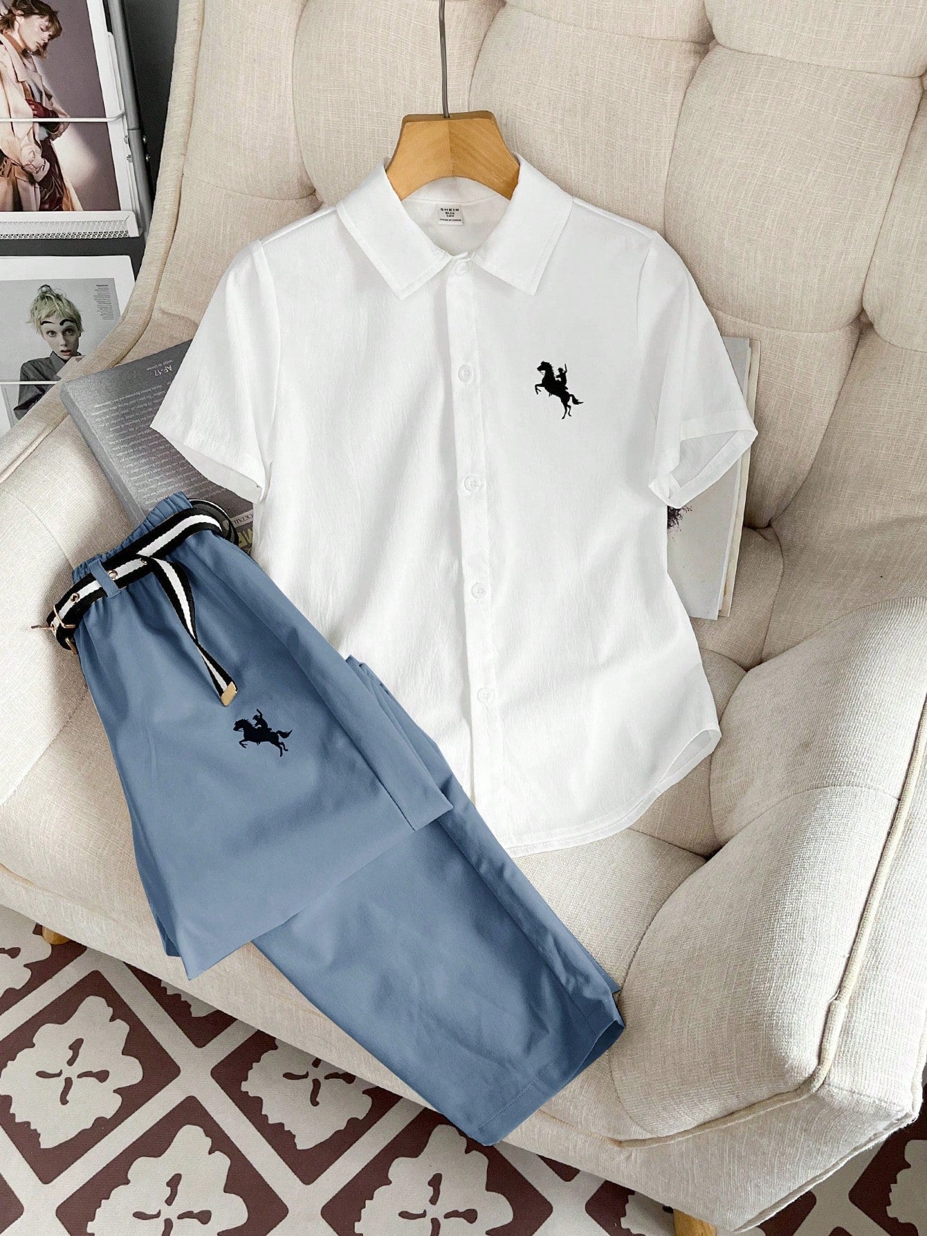 Tween Boy 2pcs 7/4 Patterned Button-Up Shirt With Belted Pants Suit, Great For Commuting, School Days, Daily Wear, Casual College Outings, Sports & Suitable For Spring/Summer.