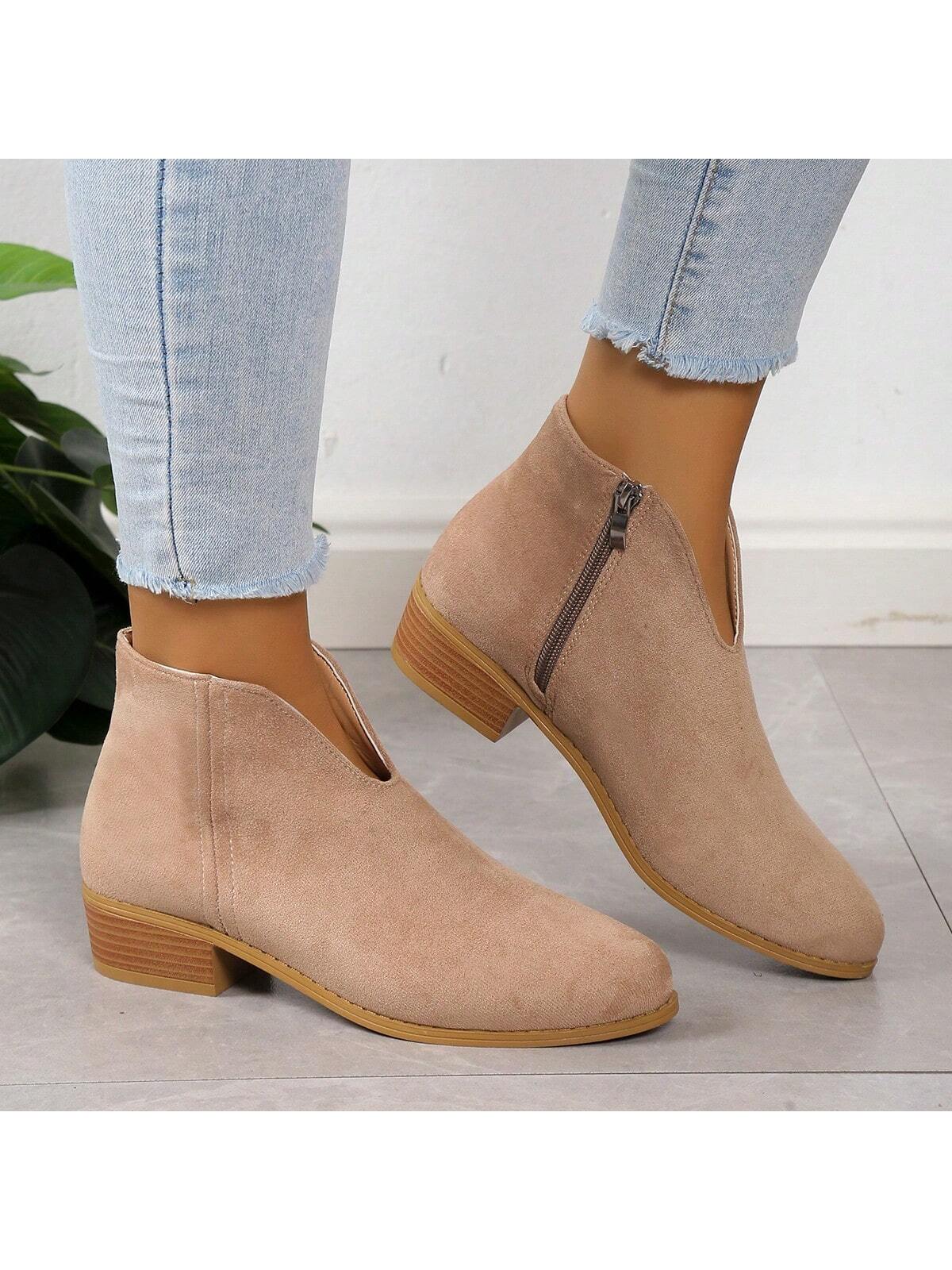 New Autumn/Winter European & American Pointed Toe Mid Heel  Boots Women, Side Zipper, Retro Simple Chelsea Booties