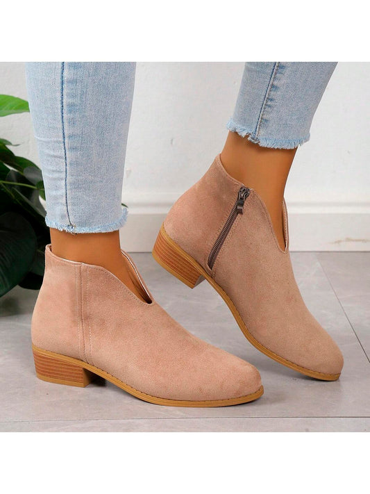 New Autumn/Winter European & American Pointed Toe Mid Heel  Boots Women, Side Zipper, Retro Simple Chelsea Booties