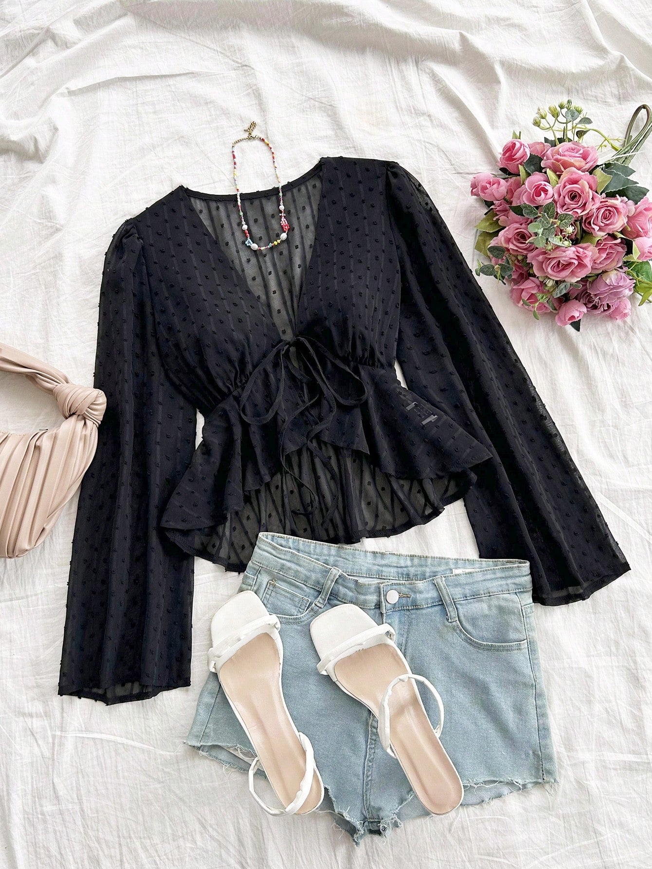 V-Neckline Ruffled Hem Tie-Front Bell-Sleeve Romantic Long Sleeve Shirt, Perfect For Vacation And Casual Wear