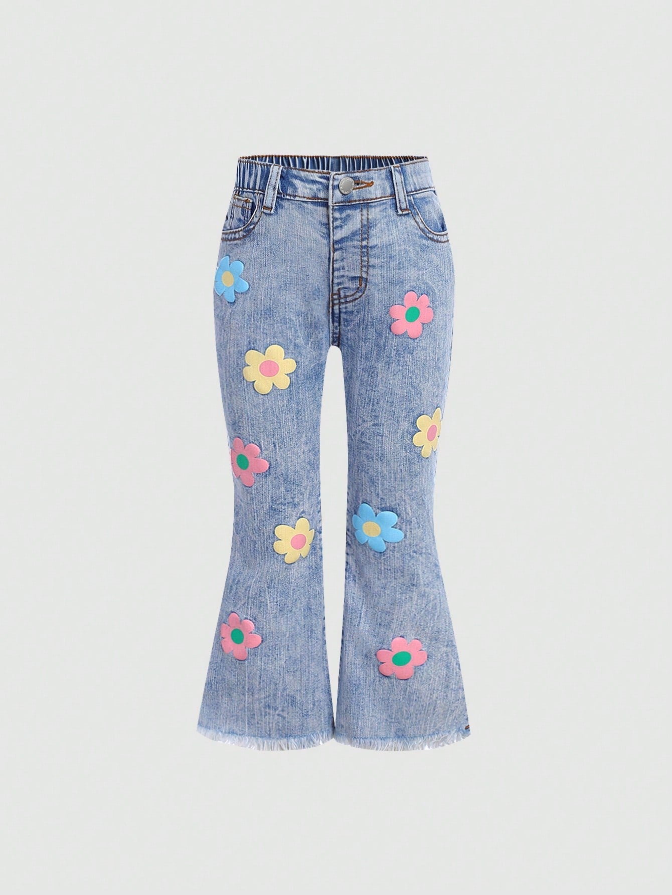 Young Girl Floral Print Raw Cut Flare Leg Jeans