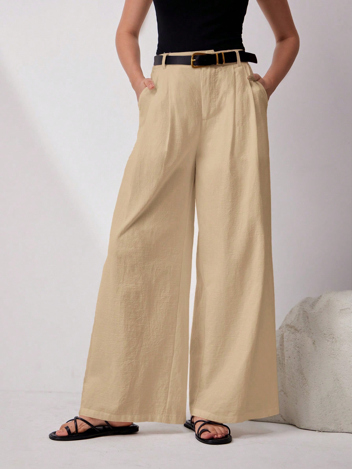 Mulvari Women's Casual Solid Color Wide Leg Pants