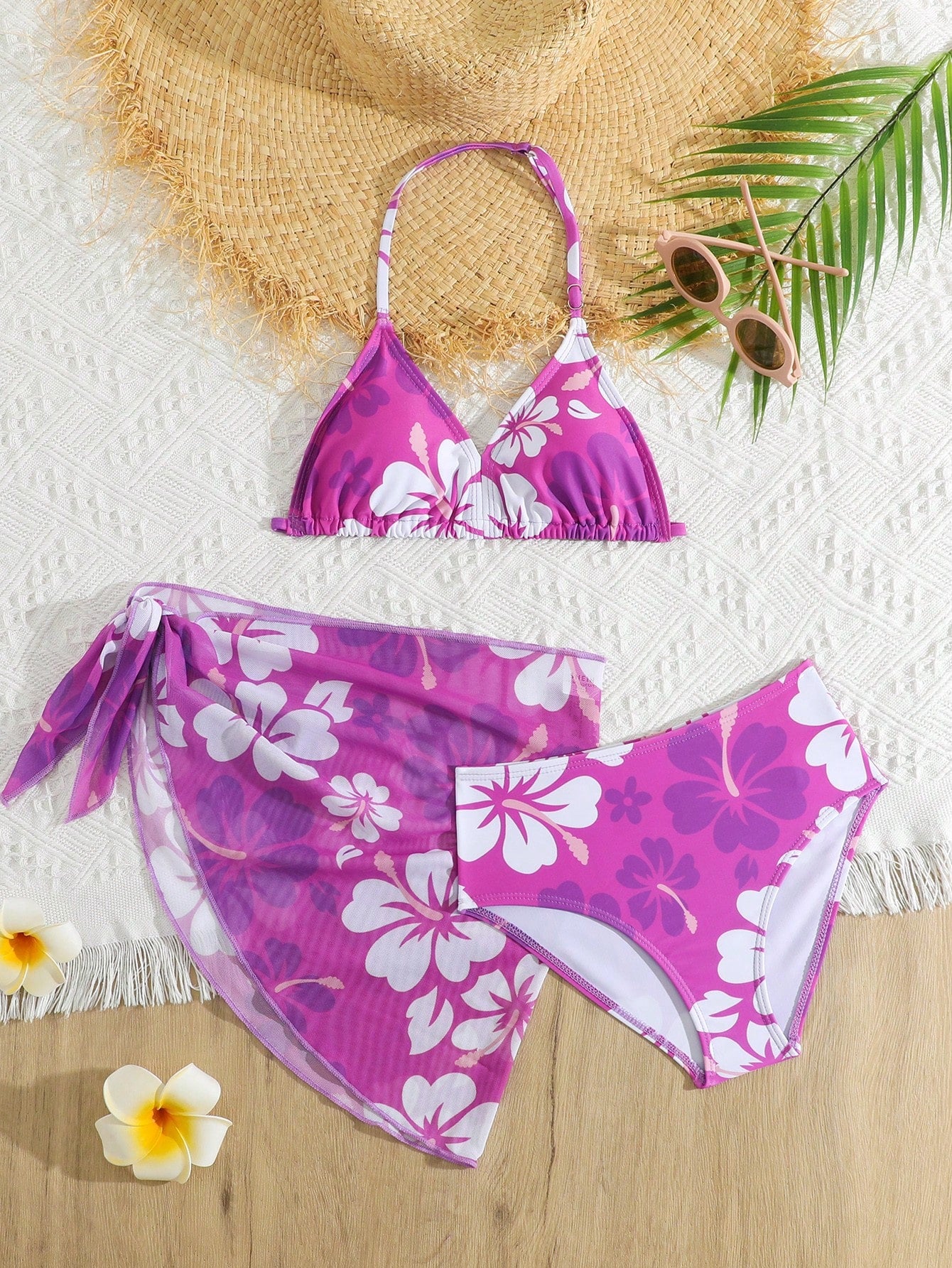 Tween Girl Summer Beach Floral Printed Halter Bikini Set With Cover-Up Skirt Bathing Suit