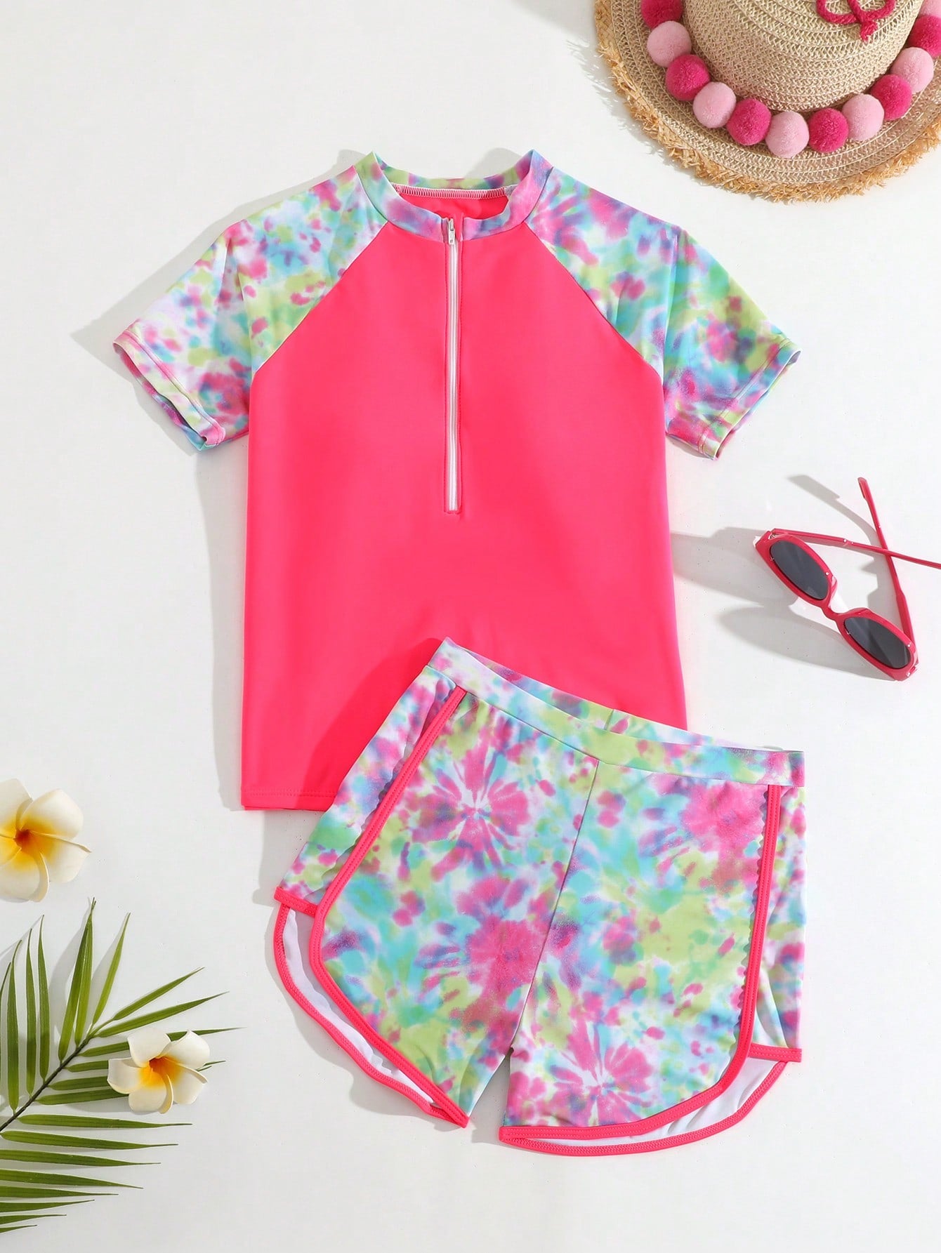 Tween Girl Zipper Front Raglan Sleeve Tie Dye Top & Shorts Rashguard Summer Beach