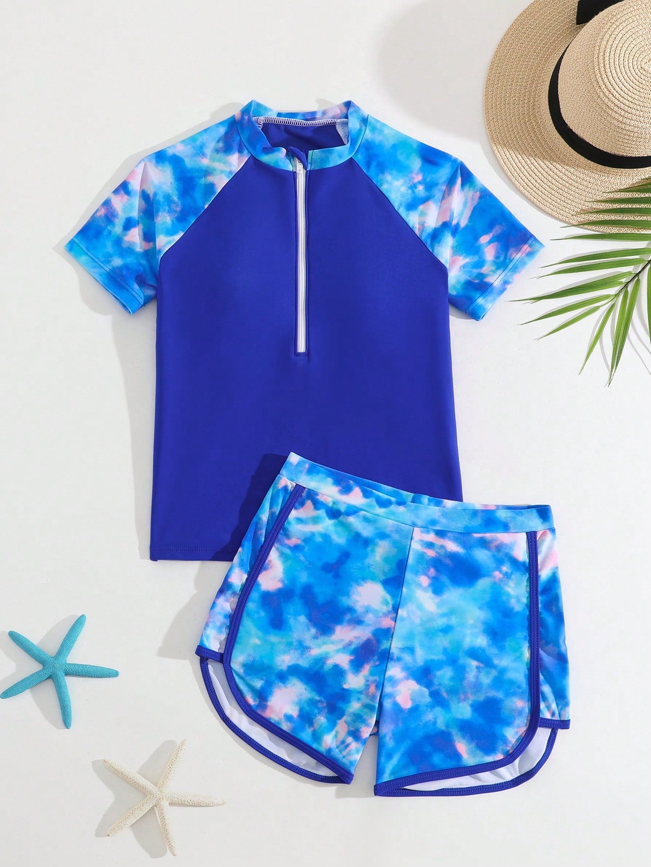 Tween Girl Zipper Front Raglan Sleeve Tie Dye Top & Shorts Rashguard Summer Beach