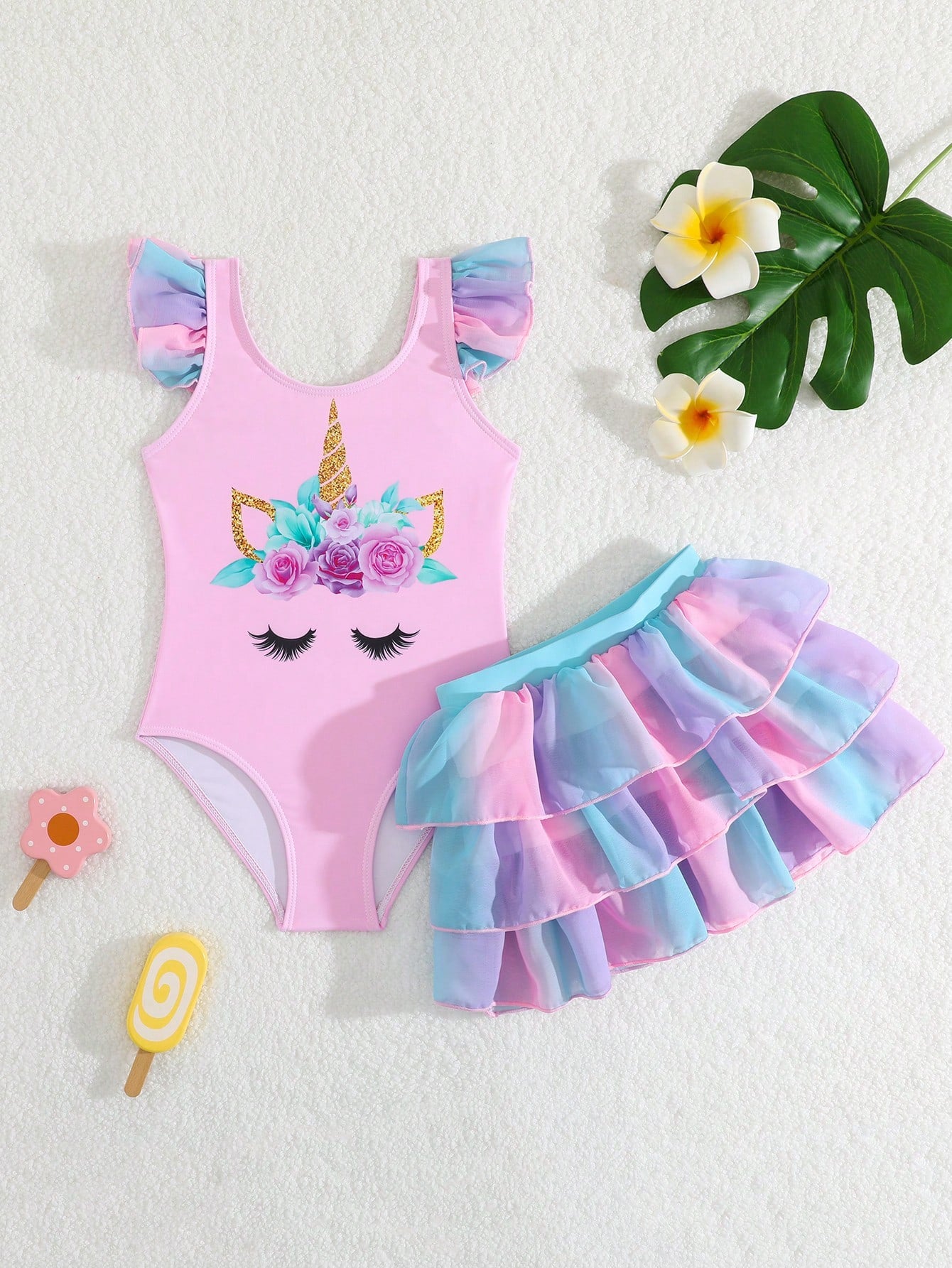 2pcs Cute Unicorn Print Young Girls Swimwear Set, Mesh Patchwork Ruffle Hem Tie Dye Cake Skirt Swimsuit With Cover Up