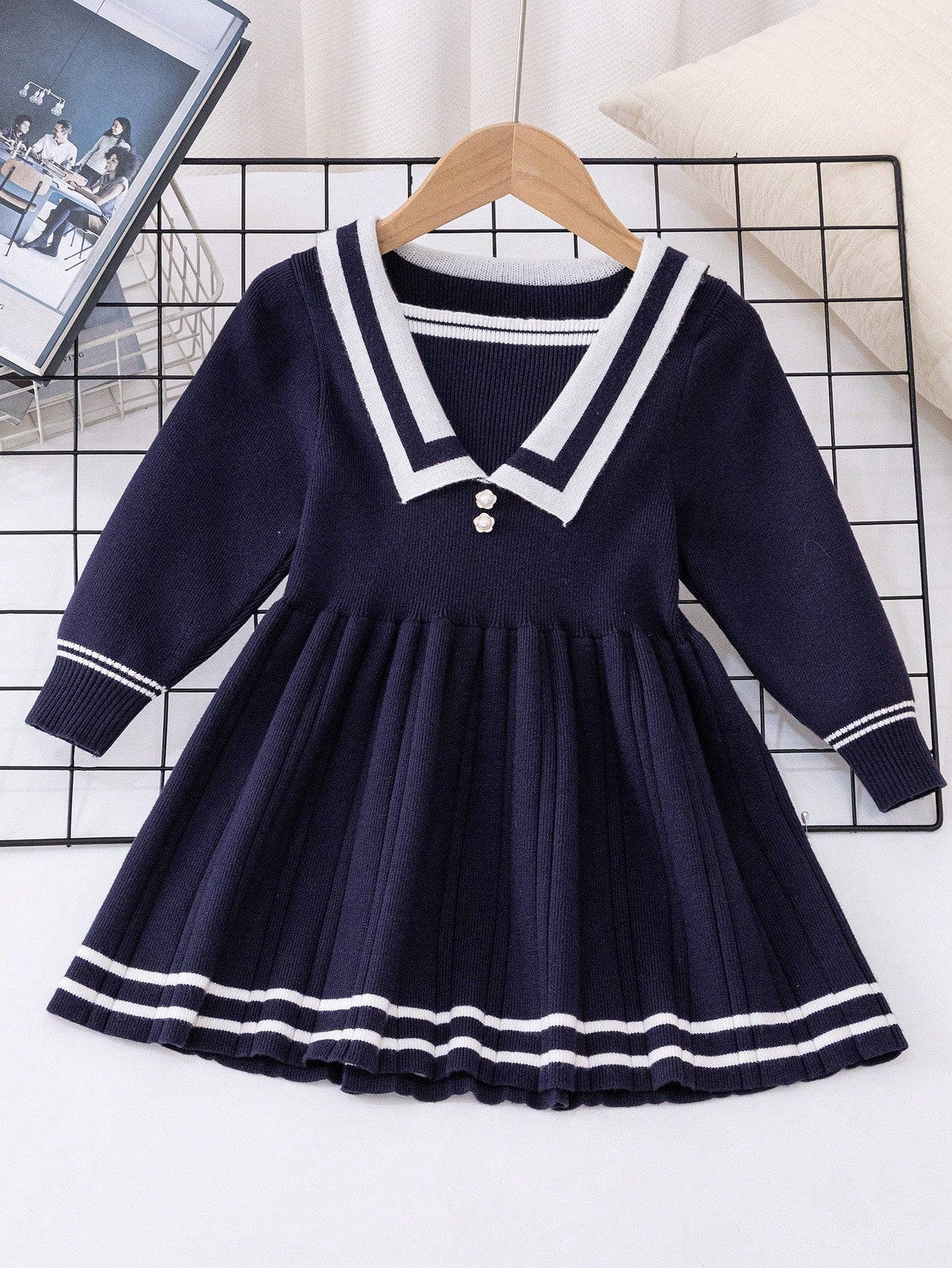 V-Neck Striped Design Casual Soft Knit Sweater Dress For Young Girls