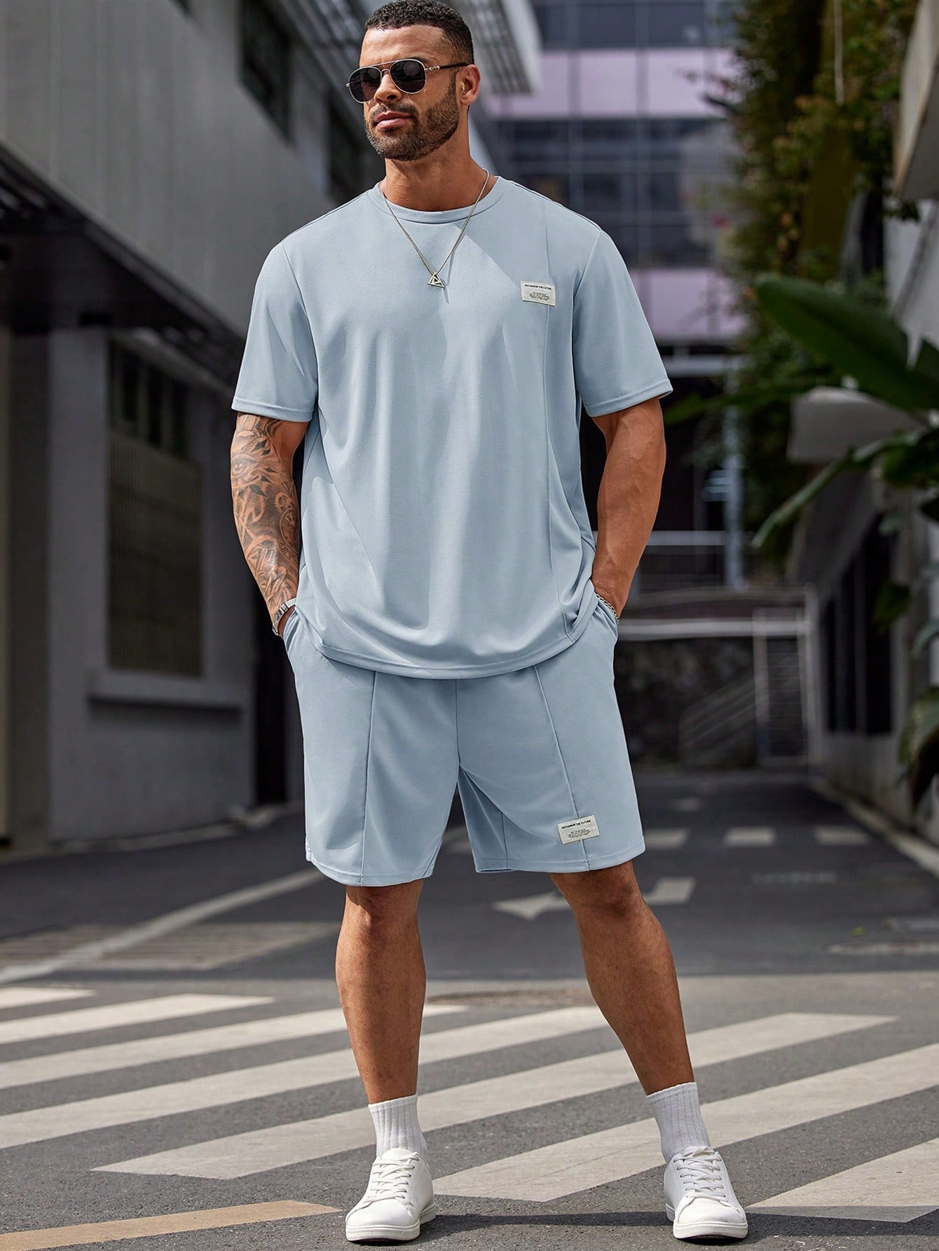 Men's Plus Size Summer Casual Fit Short Sleeve Round Neck Alphabet Logo Tee And Drawstring Waist Shorts Set