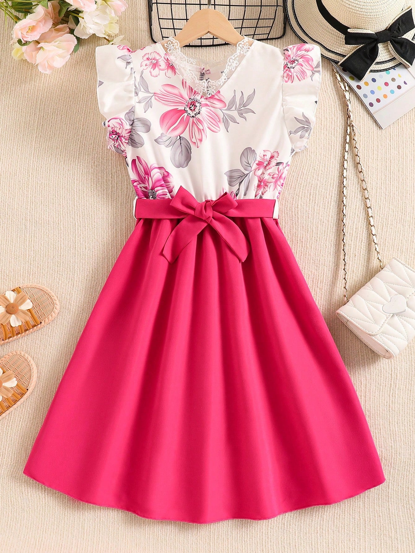 Tween Girl Floral Print Ruffle Trim Belted Dress