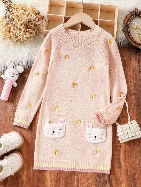 Young Girl Rainbow Embroidered Adorable Cat Pocket Contrast Color Block Long Sleeve Sweater Dress, Suitable For Fall/Winter Outdoor Travel, Round Neck