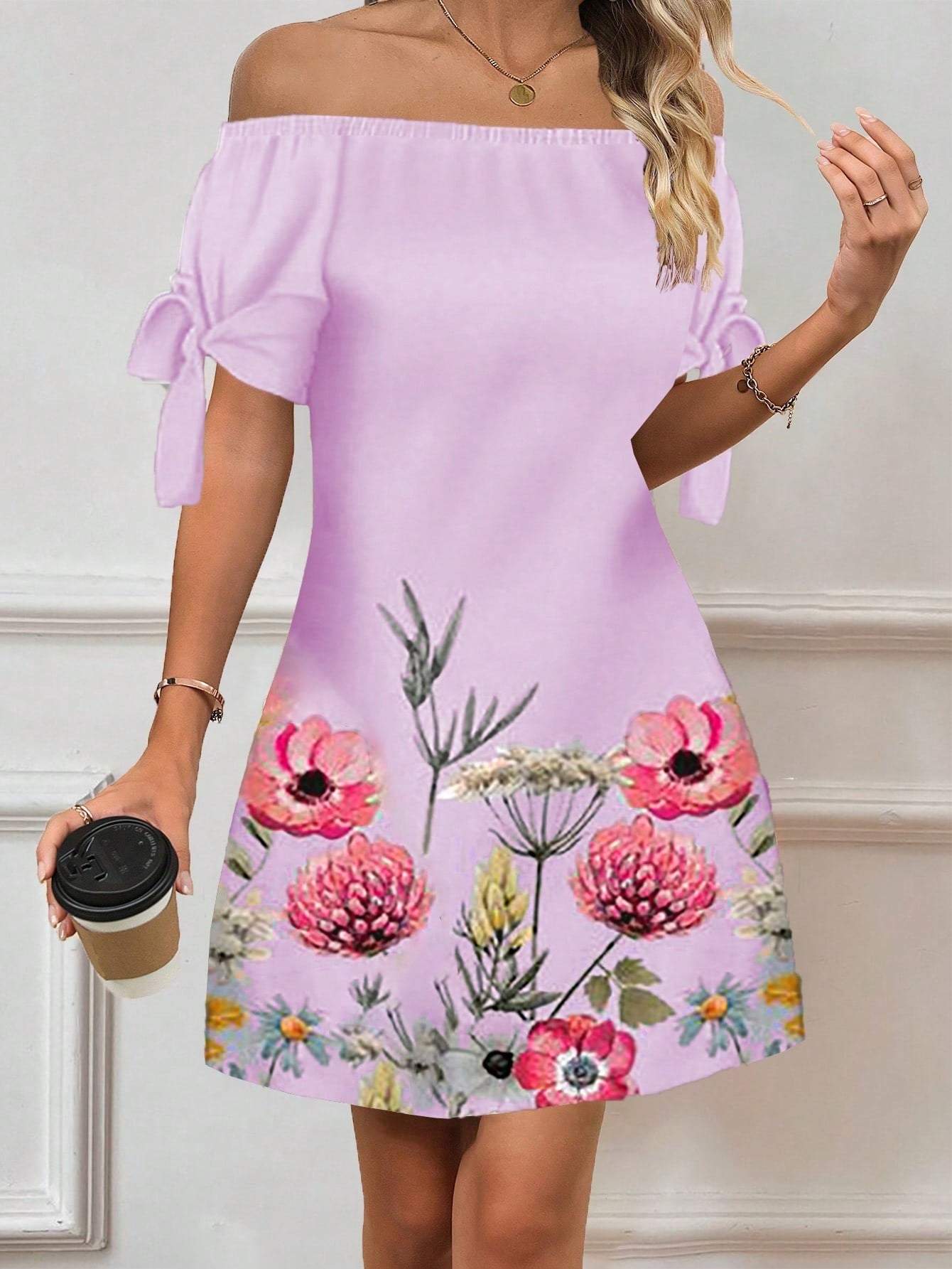 Women Floral Print Off-Shoulder Daily Wear Spring Summer Dress