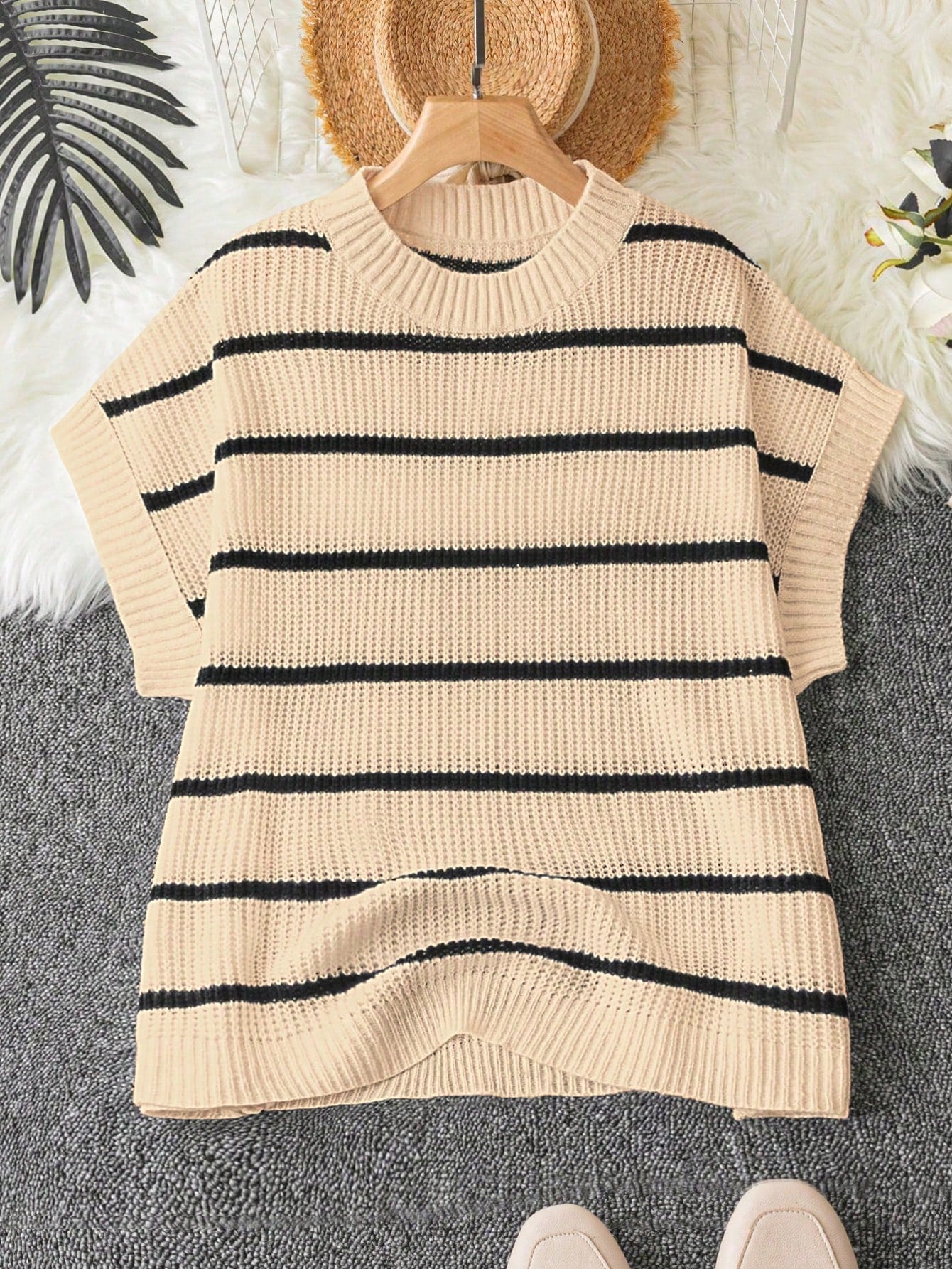 Plus Striped Pattern Batwing Sleeve Knit Top