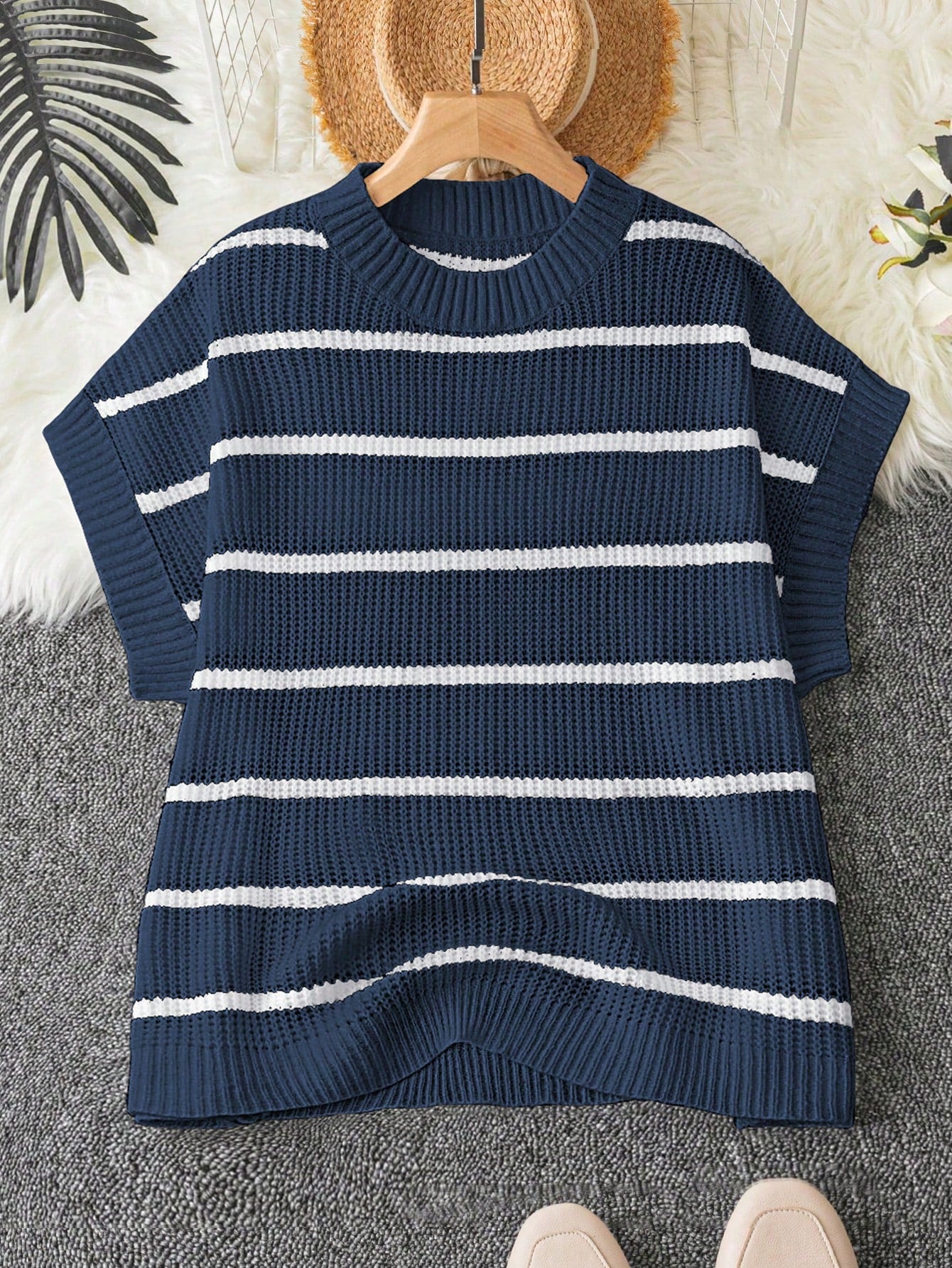 Plus Striped Pattern Batwing Sleeve Knit Top