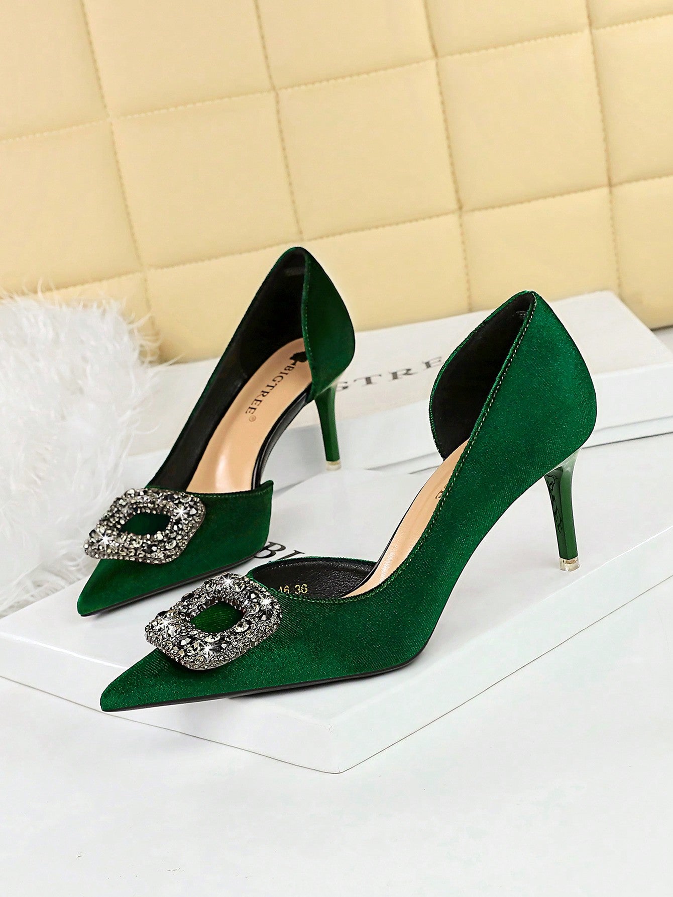 Party High Heels Shoes With Thin Heels, Shallow Mouth, Pointed Toe, Hollow Out Sides, Thick Suede Material, Rhinestone Buckle And Bow-Knot Design