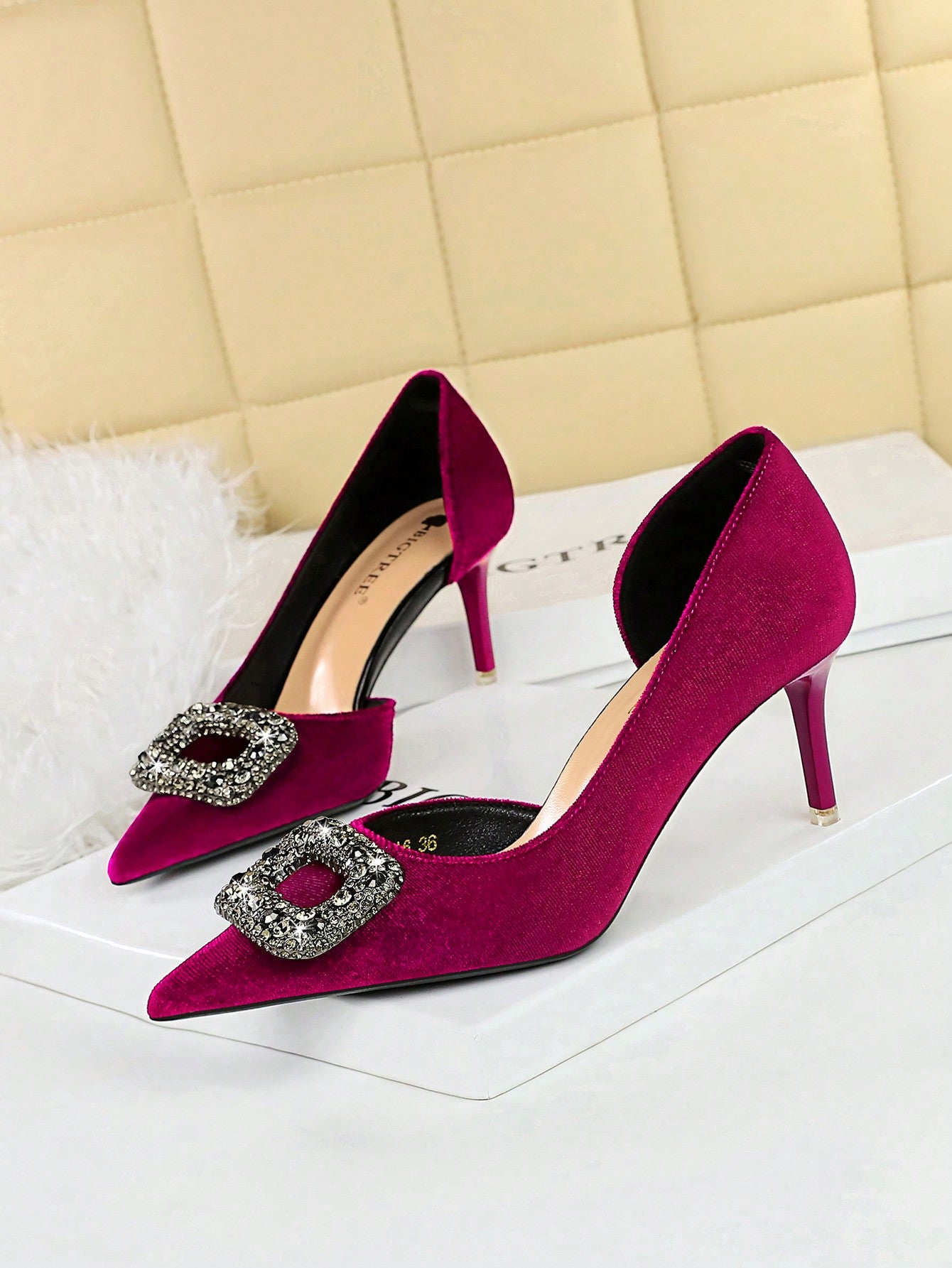 Party High Heels Shoes With Thin Heels, Shallow Mouth, Pointed Toe, Hollow Out Sides, Thick Suede Material, Rhinestone Buckle And Bow-Knot Design