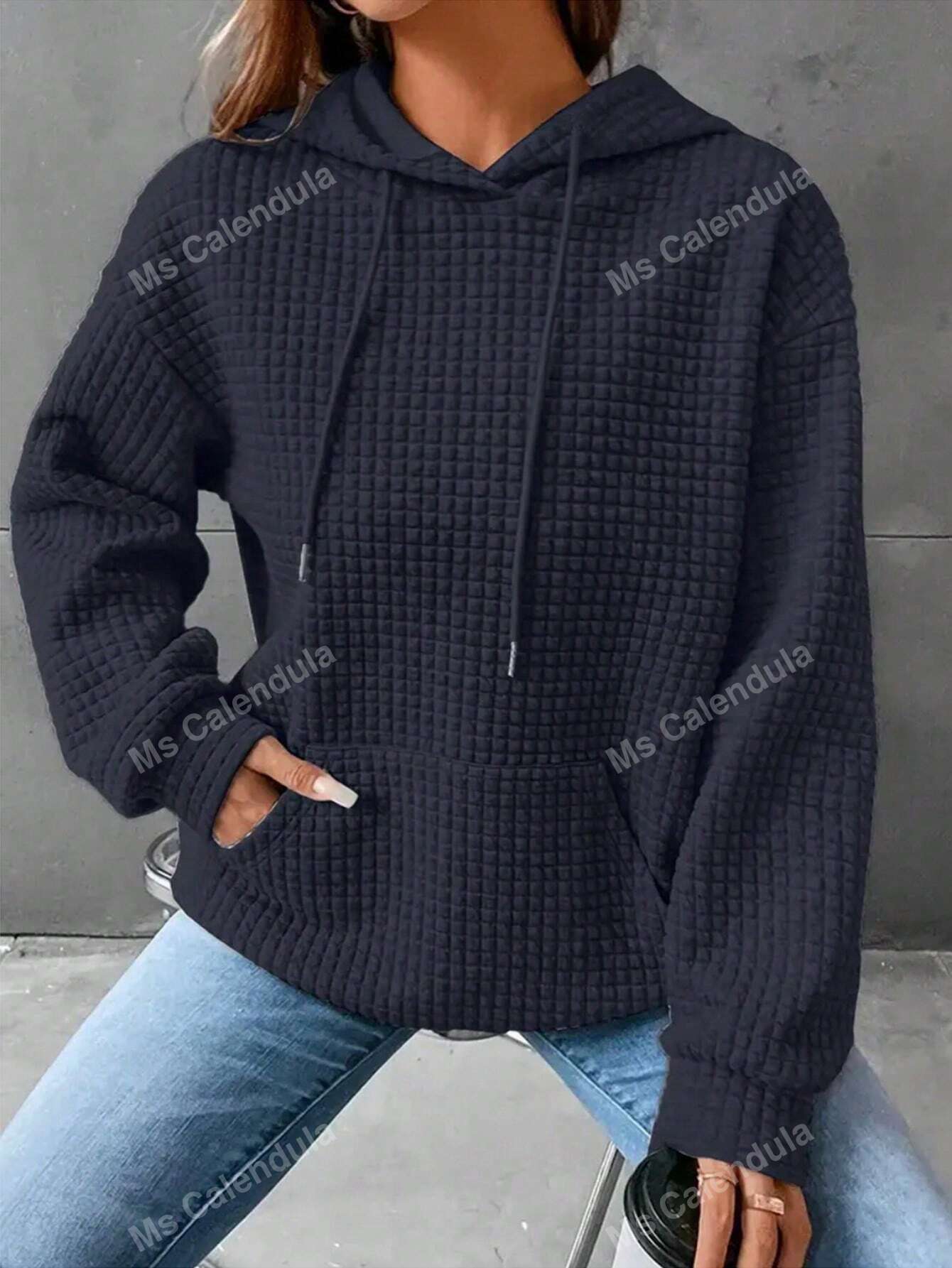 Plus Size Women's Loose Fit Pullover Hoodie With Long Sleeve And Patchwork Waffle Grid Design For Commuting