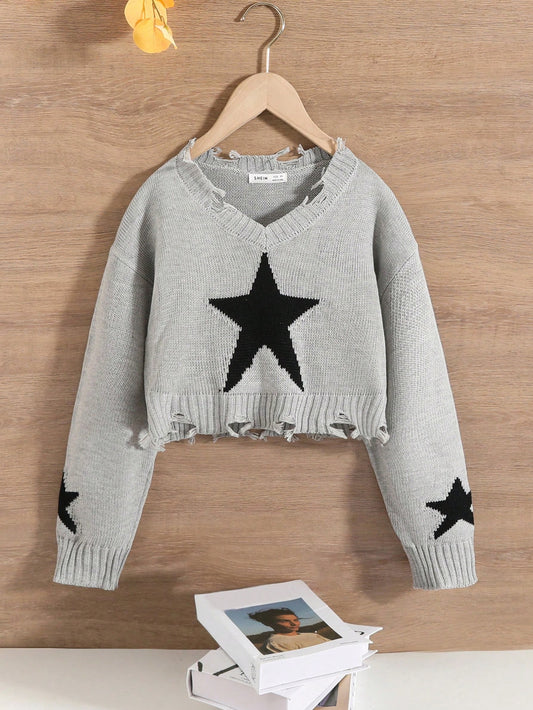 Tween Girl Loose Fit Pullover Sweater, Knitwear, Music Festival, Streetwear, Cool, Special, Casual, Comfortable, Sweet, Cropped & Distressed, Star Pattern, Bohemian, Trendy, Street Style, Suitable For Party, Travel, Picnic, Shopping, School