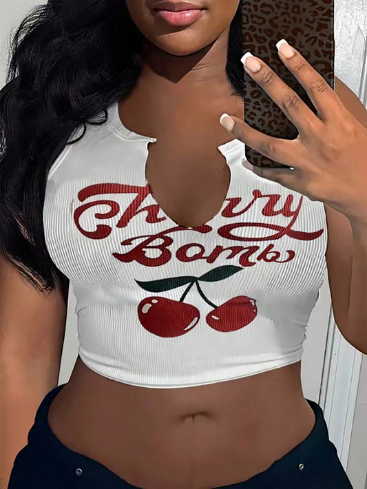 Women's Summer Letter And Cherry Printed V-Neck Casual Tank Top With Cutout Cherry Bomb