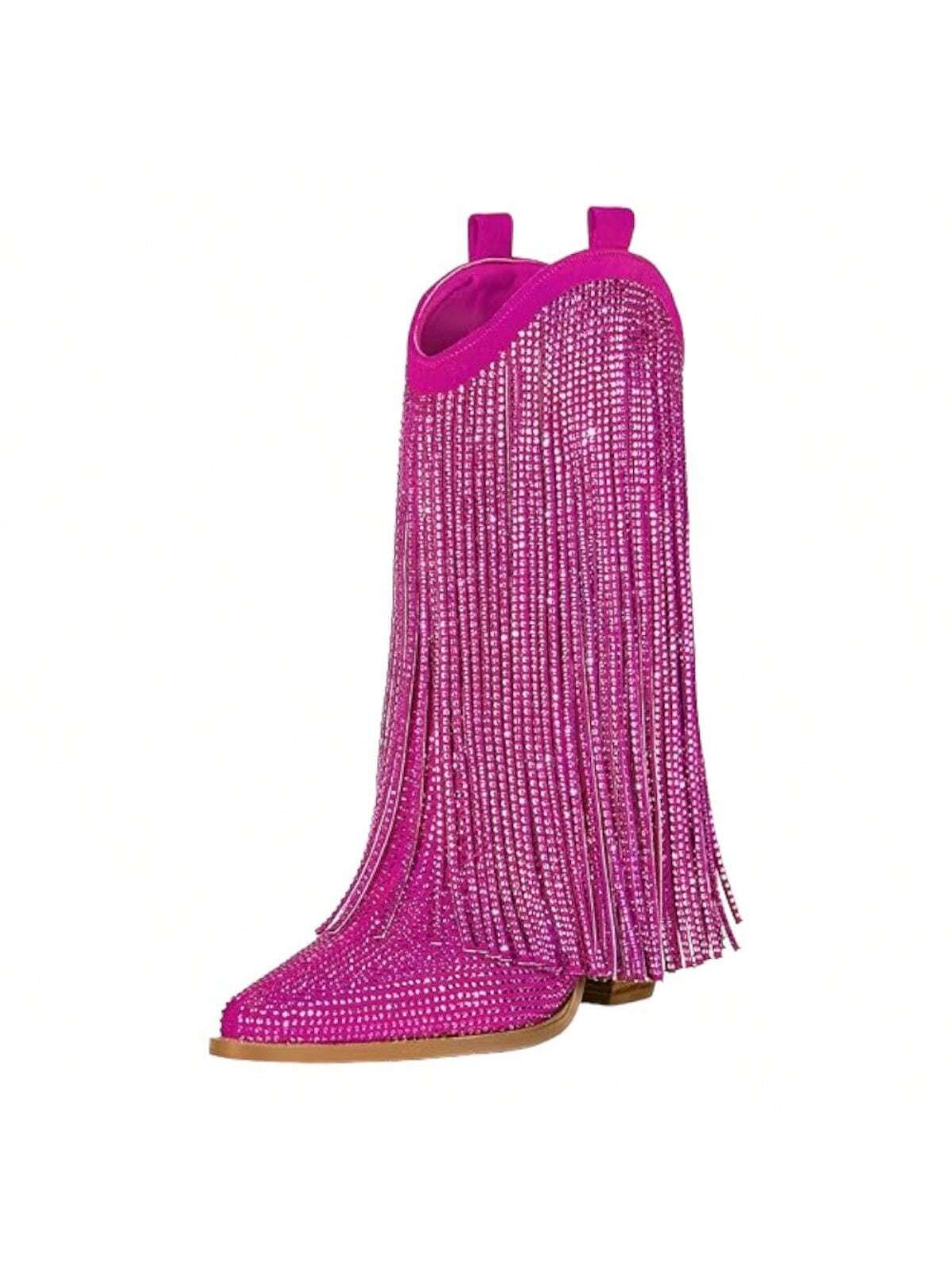Women's Rhinestone Cowgirl Boots Cowboy Sparkly Fringe Ankle Boots Pointed Toe Chunky Heel Side Zipper Pull On Glitter Tassels Mid Calf Boots For Women Ladies