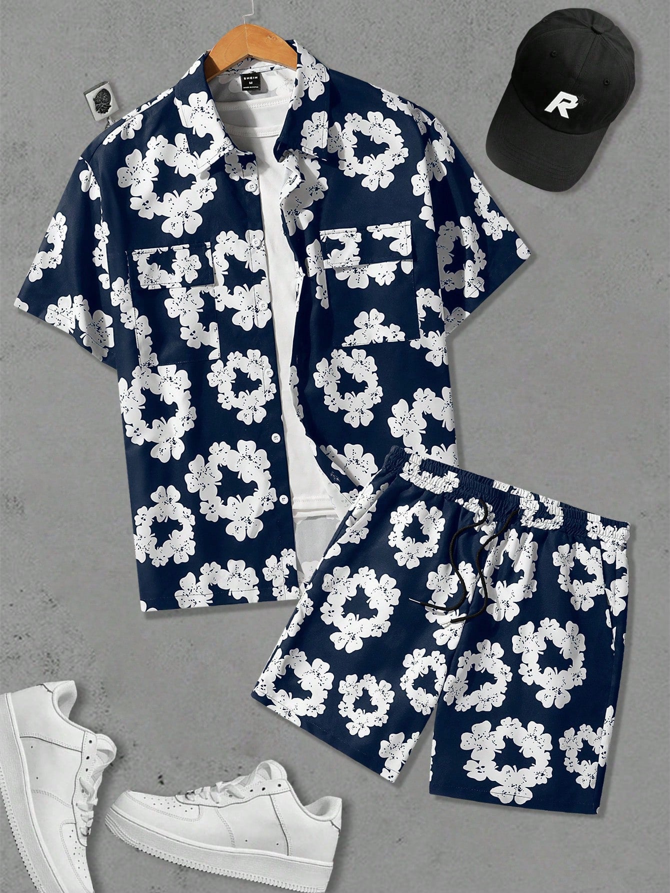 Men's Flower Printed Button Down Shirt With Pocket And Drawstring Shorts Casual Summer Clothes